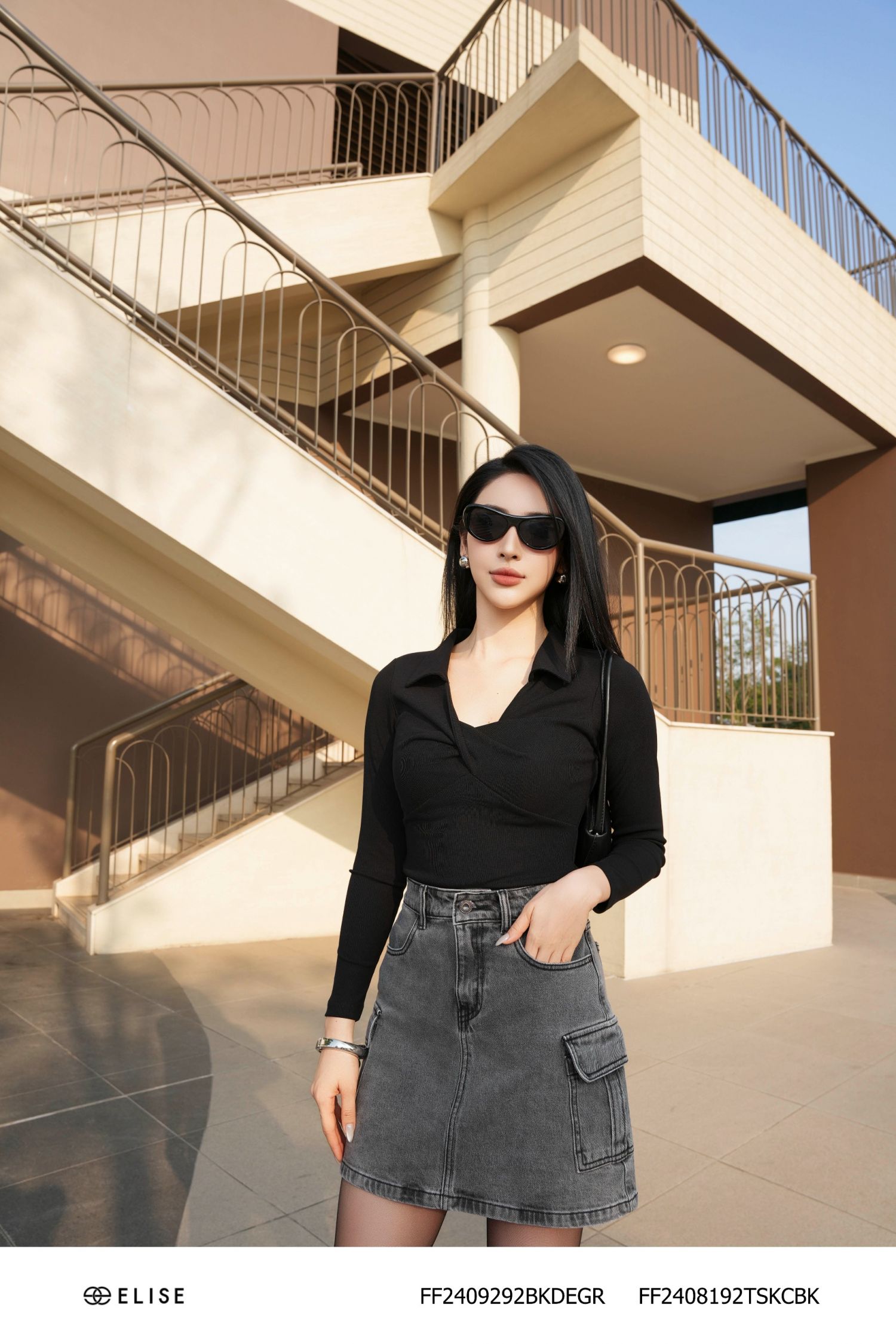 CHÂN VÁY JEANS XÁM TÚI ỐP