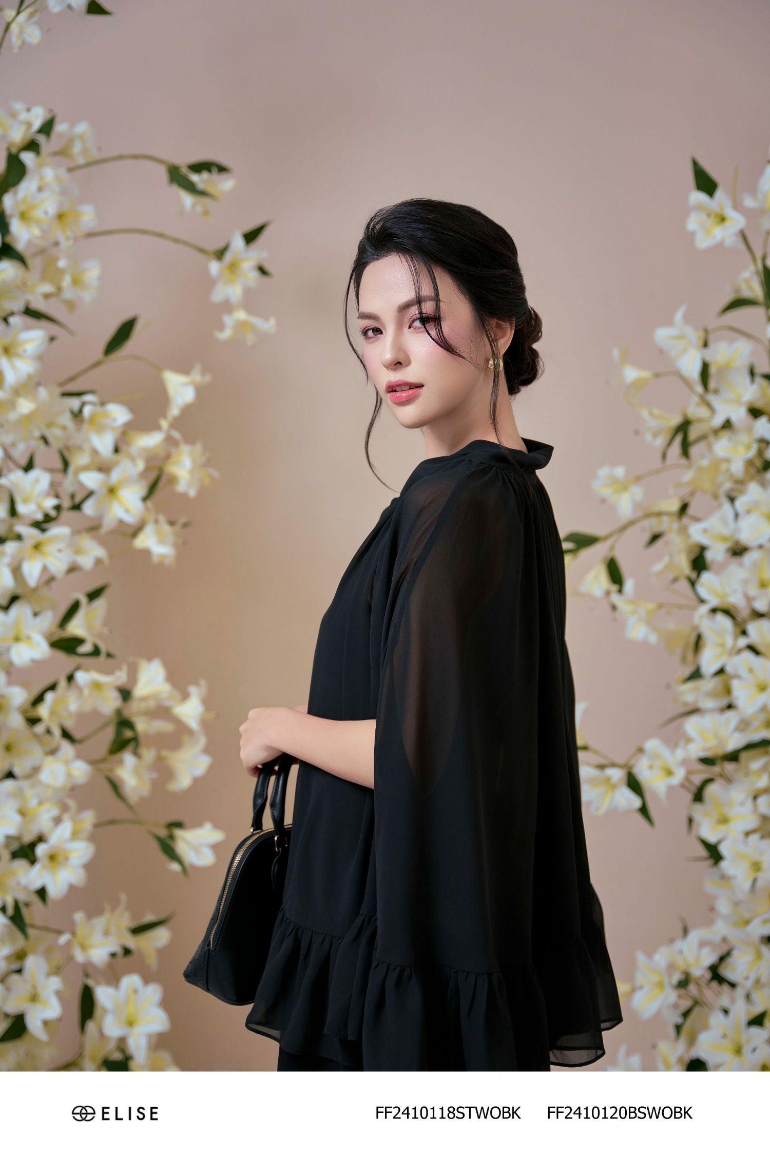 SET ÁO CHIFFON ĐEN BÈO GẤU NƠ CỔ