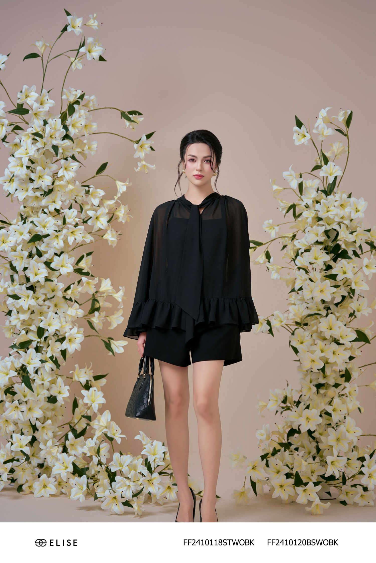 SET ÁO CHIFFON ĐEN BÈO GẤU NƠ CỔ