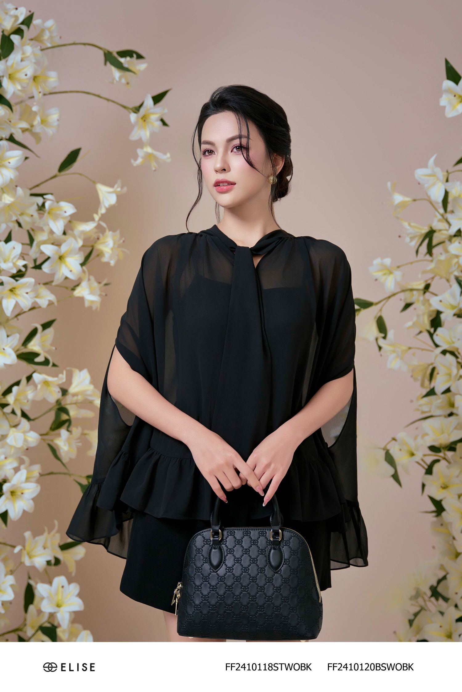 SET ÁO CHIFFON ĐEN BÈO GẤU NƠ CỔ