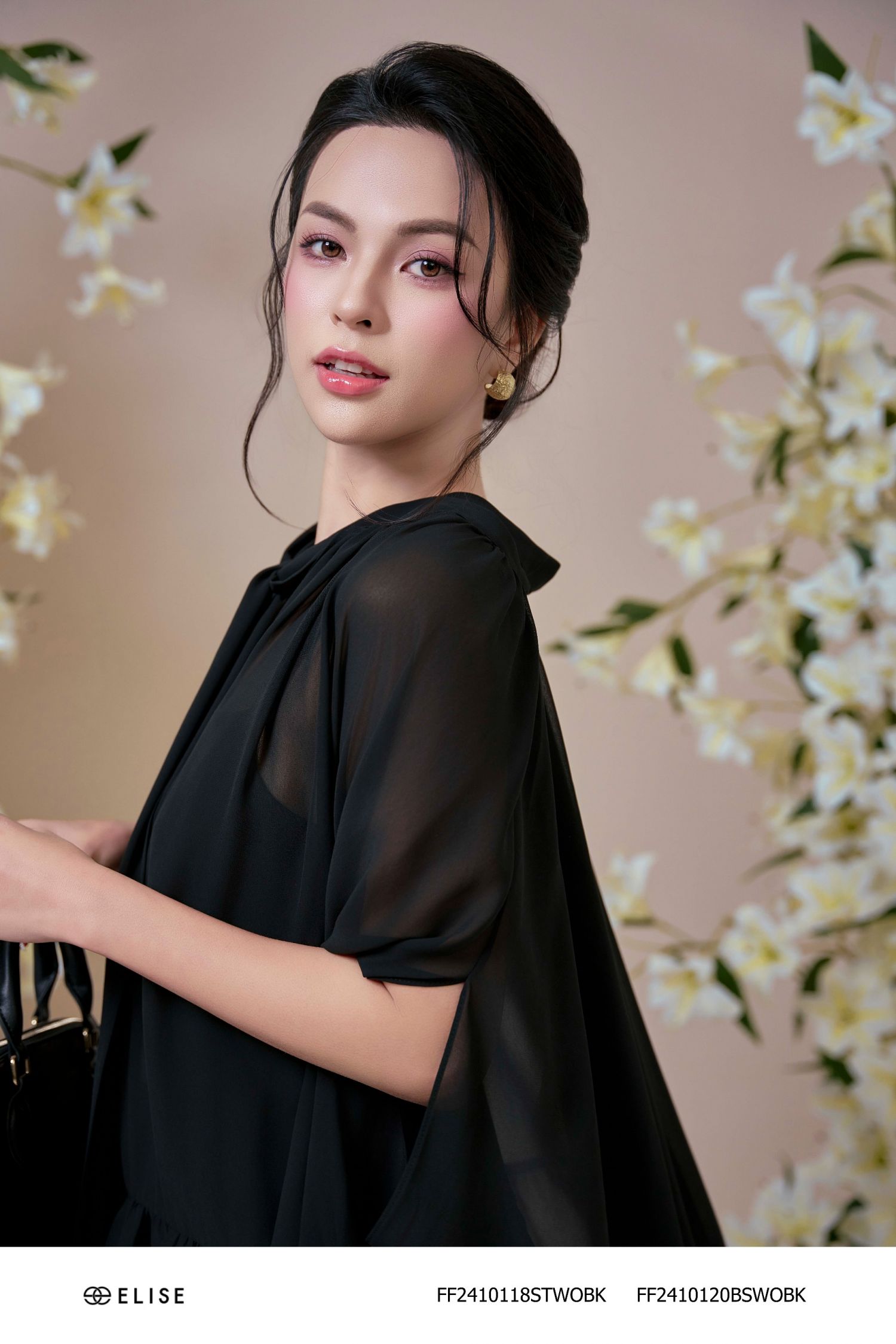 SET ÁO CHIFFON ĐEN BÈO GẤU NƠ CỔ