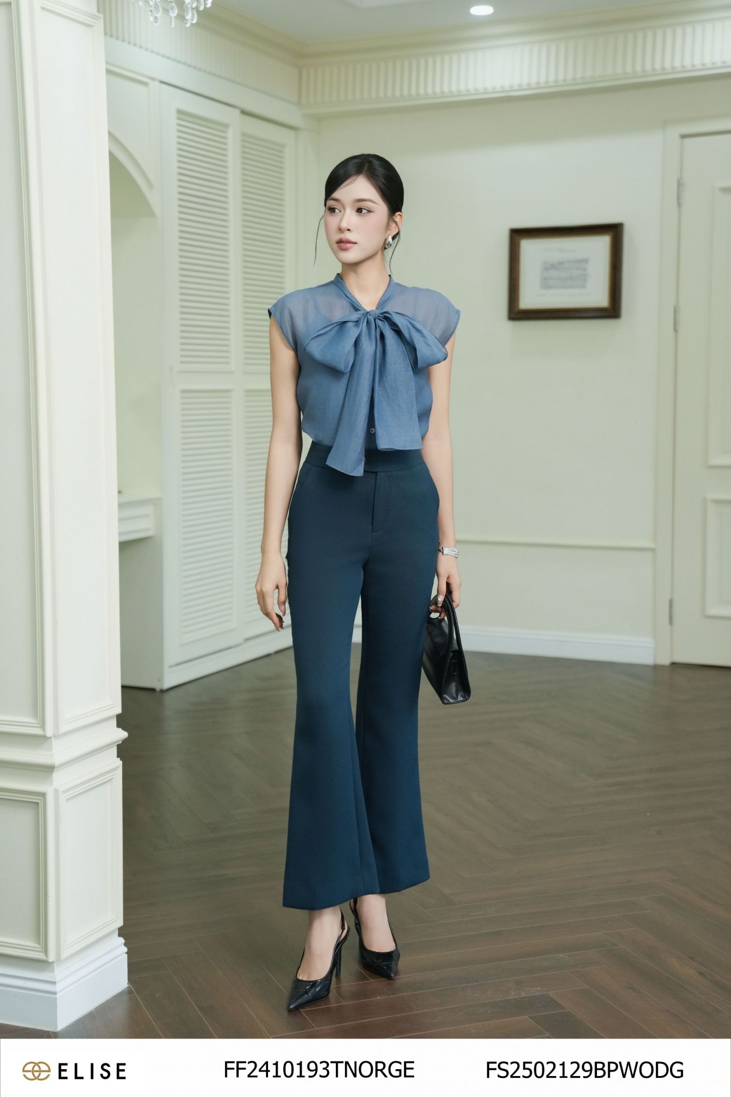 QUẦN VÂN XANH RÊU ỐNG LOE CẠP LỆCH