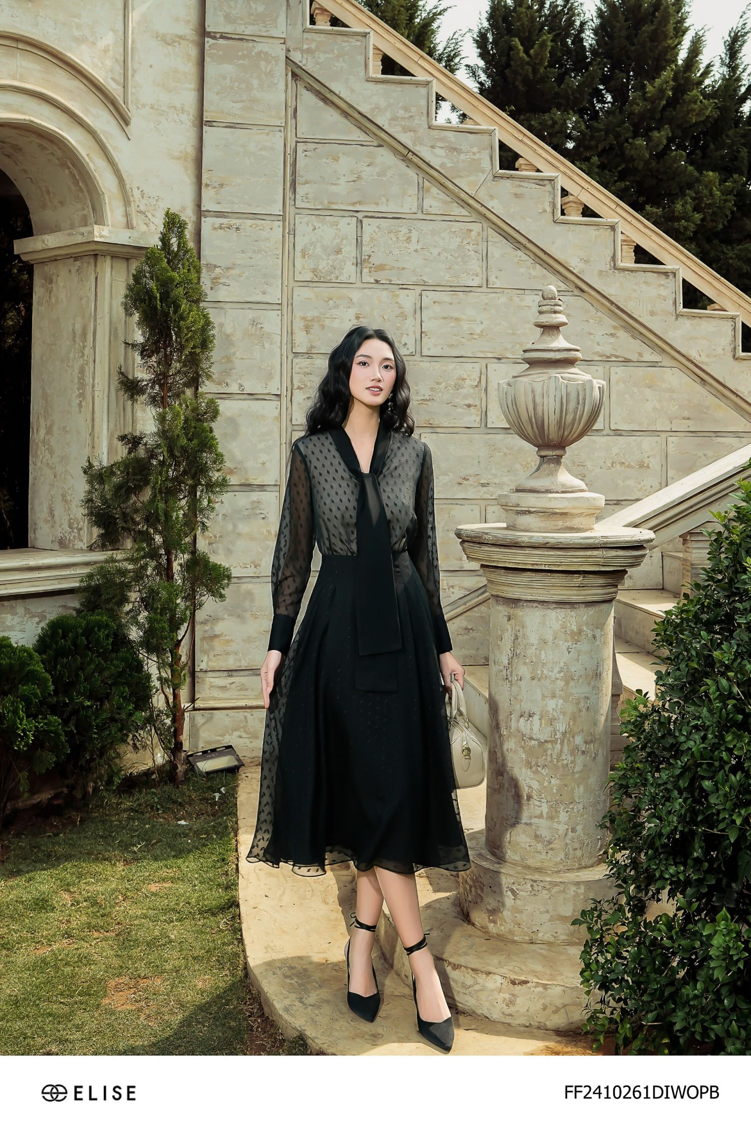 ĐẦM CHIFFON ĐEN HT CỔ LỤA
