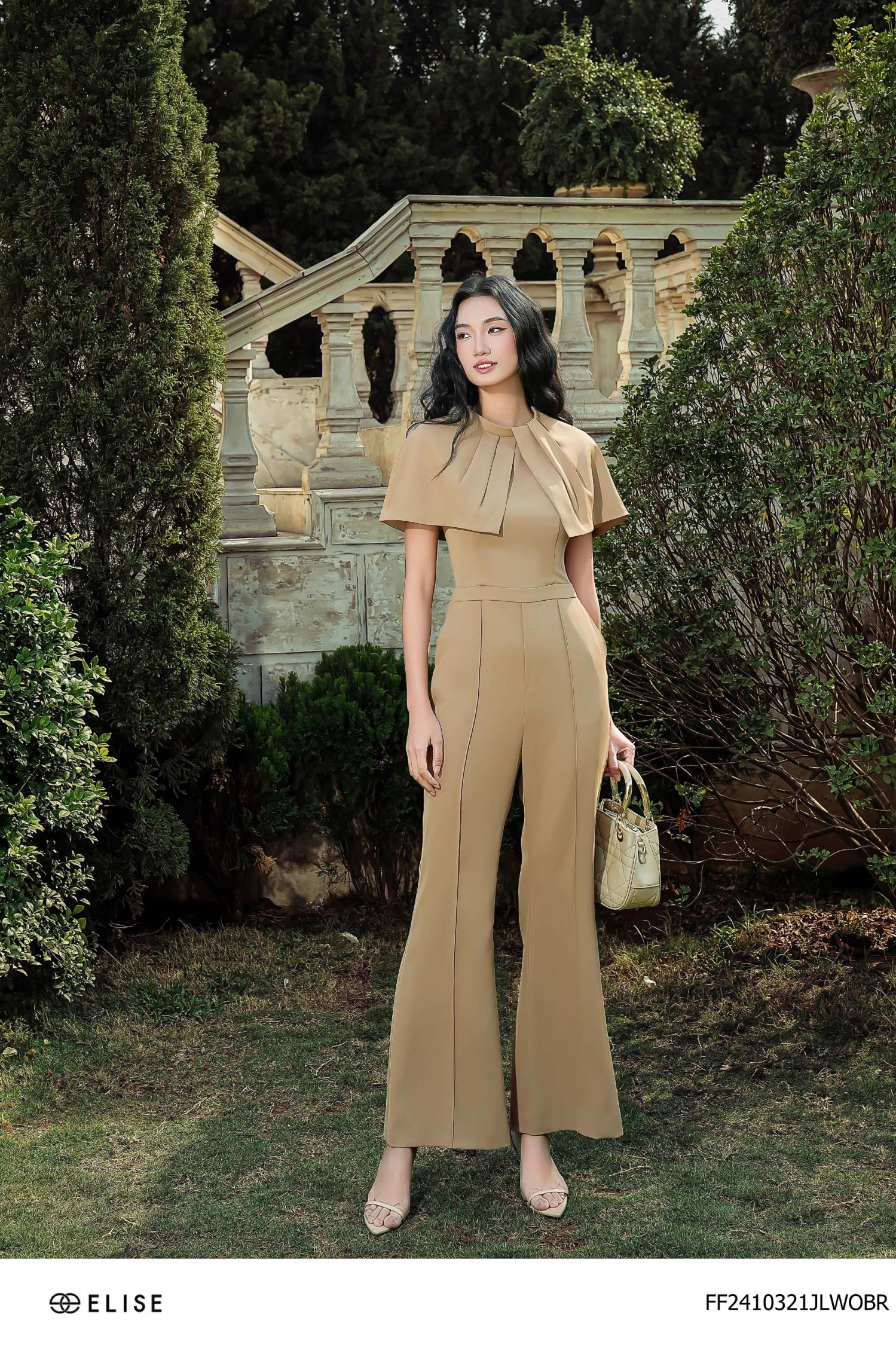 JUMPSUIT DÀI NÂU TAY CAPE XẾP LY