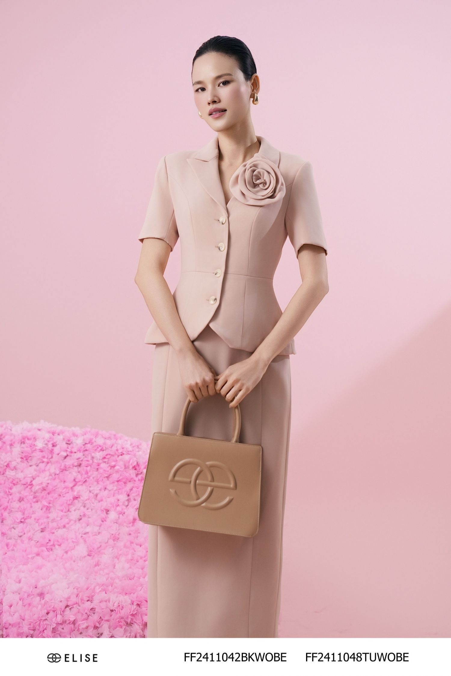 VEST BE HỒNG PEPLUM ĐÍNH HOA NGỰC
