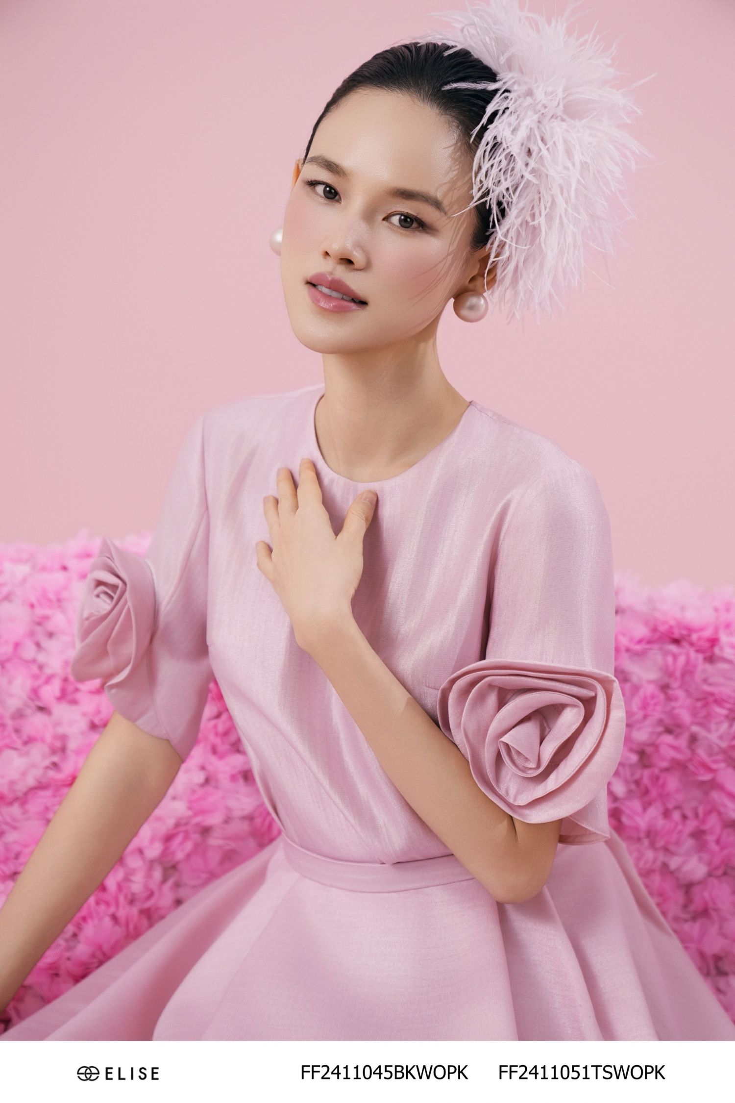 ÁO TAFTA LỤA HỒNG PHẤN TAY CUỐN HOA