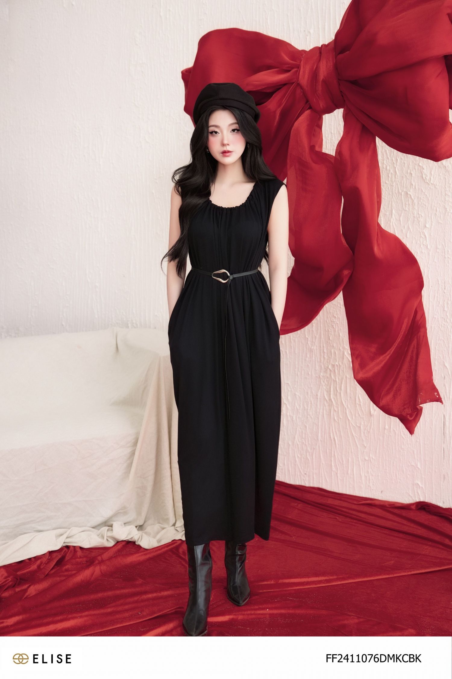 ĐẦM COTTON ĐEN NHÚN LY CỔ