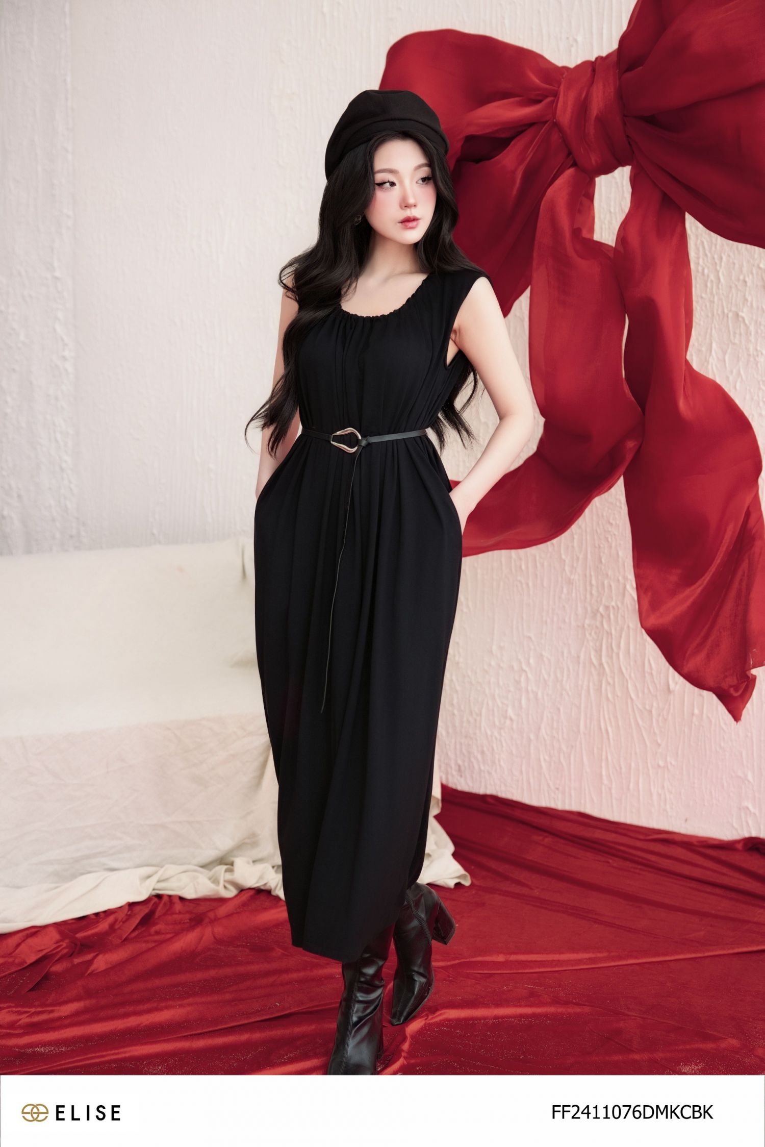 ĐẦM COTTON ĐEN NHÚN LY CỔ