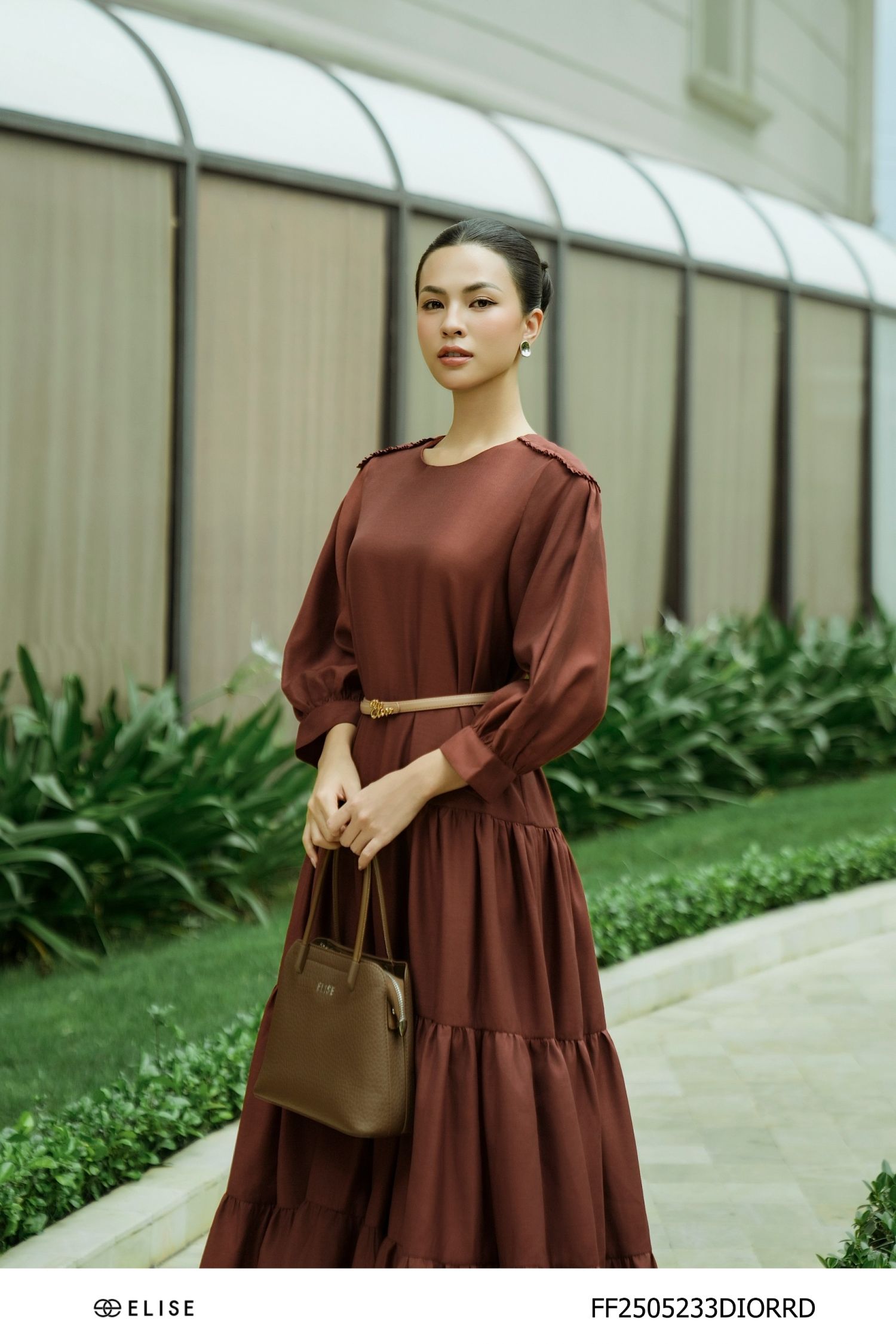 ĐẦM TƠ NÂU ĐỎ XÒE XẾP NHÚN TẦNG