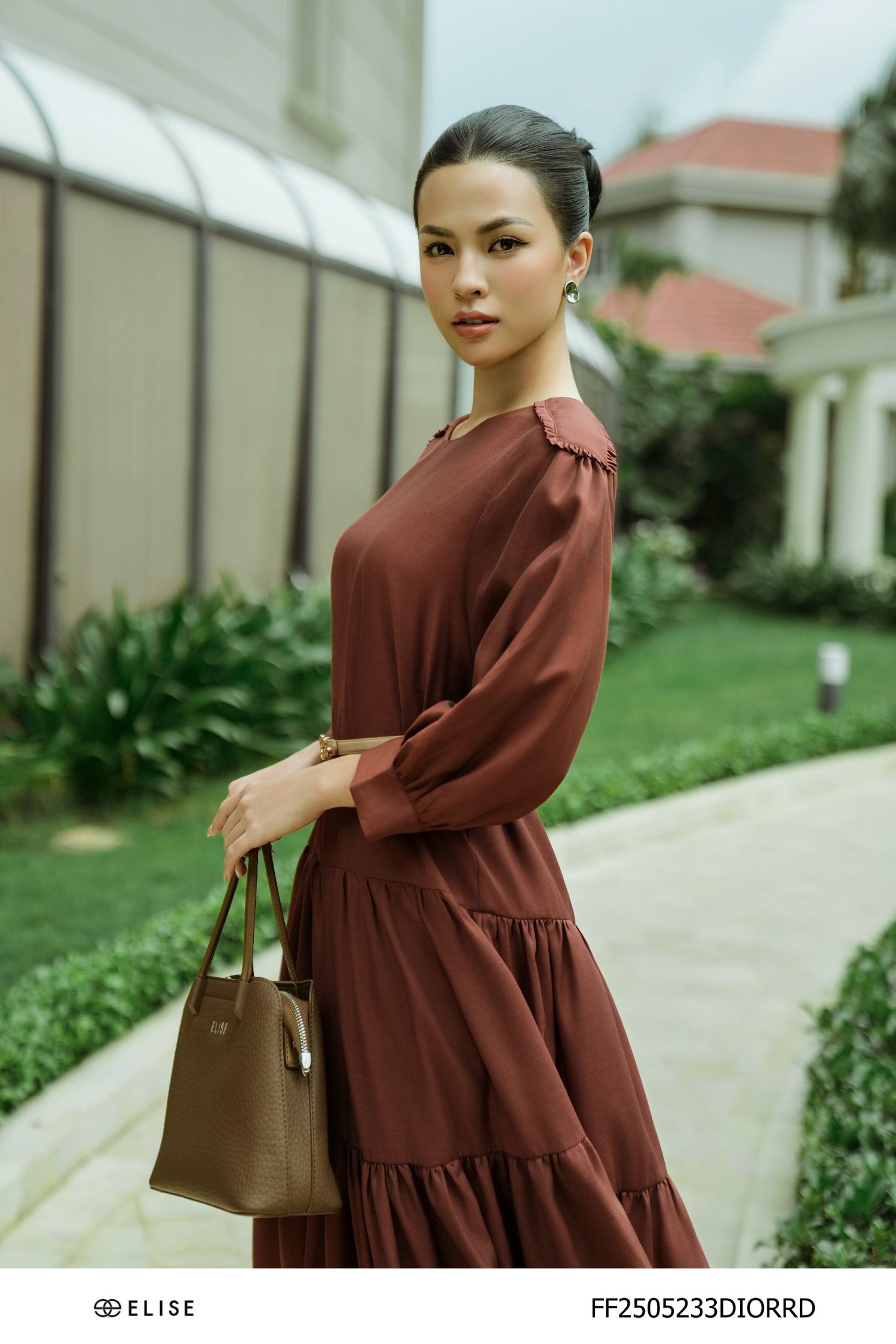 ĐẦM TƠ NÂU ĐỎ XÒE XẾP NHÚN TẦNG