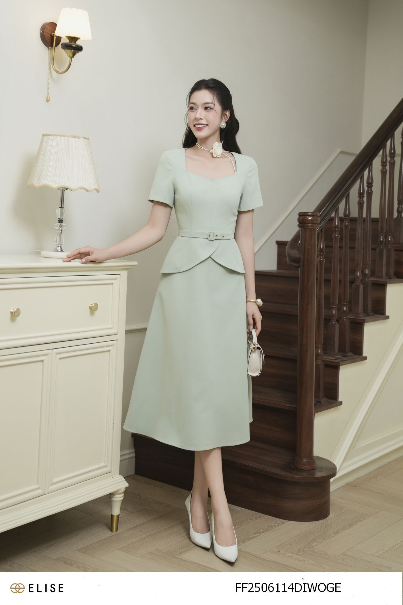 ĐẦM SẠN XANH PEPLUM ĐAI EO