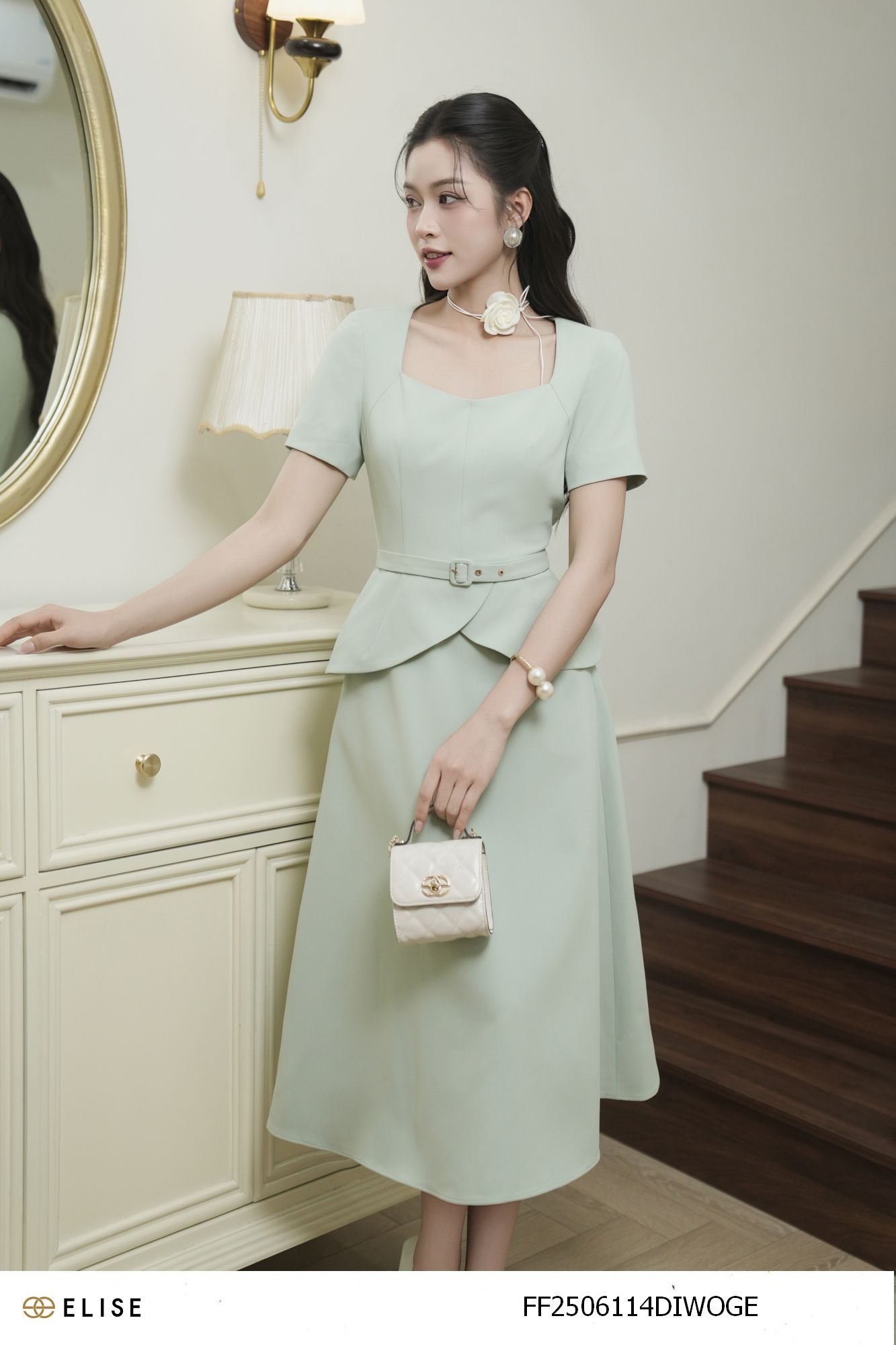 ĐẦM SẠN XANH PEPLUM ĐAI EO