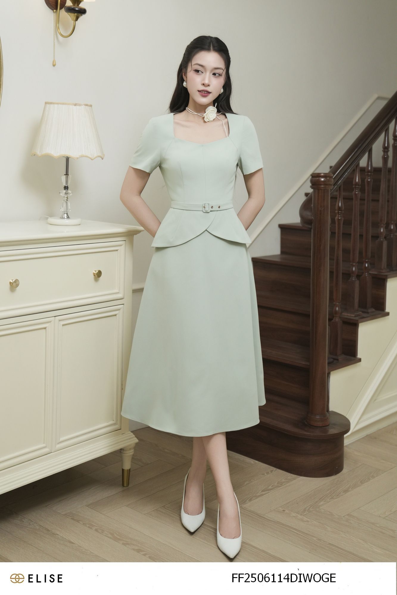 ĐẦM SẠN XANH PEPLUM ĐAI EO