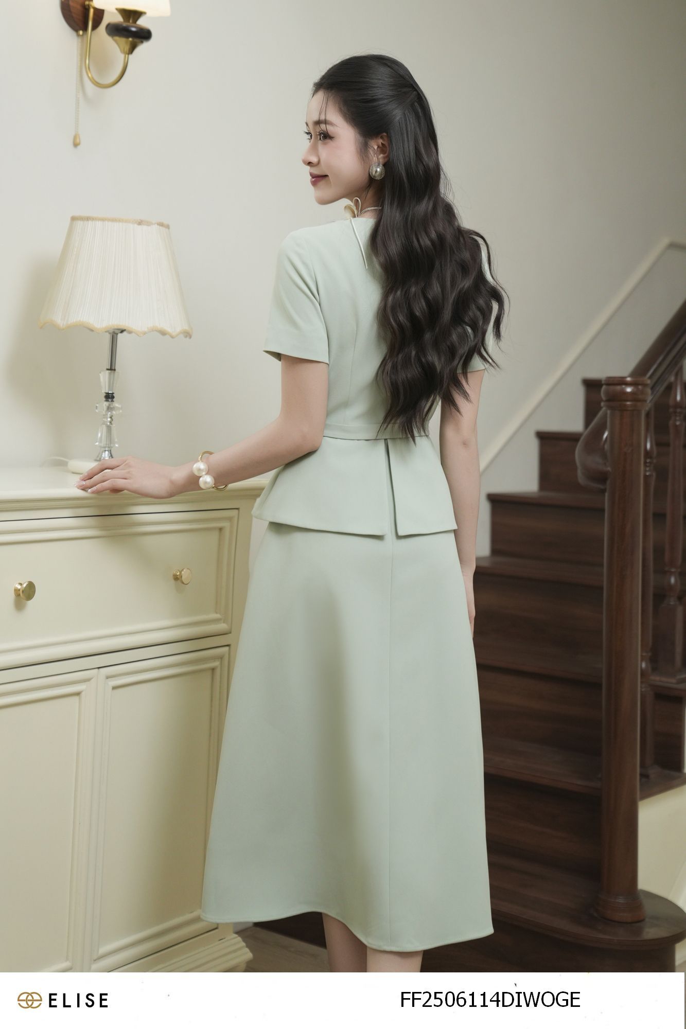 ĐẦM SẠN XANH PEPLUM ĐAI EO
