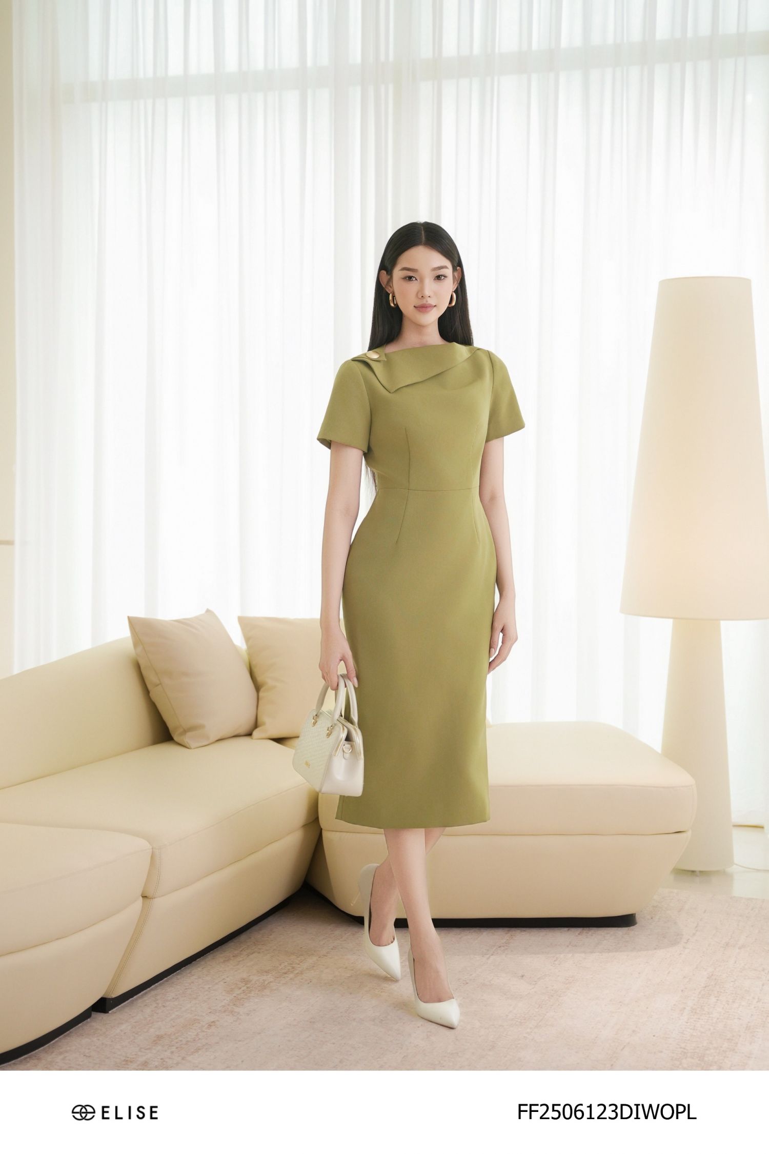 ĐẦM BÚT CHÌ XANH LIME ĐÍNH CÚC VAI