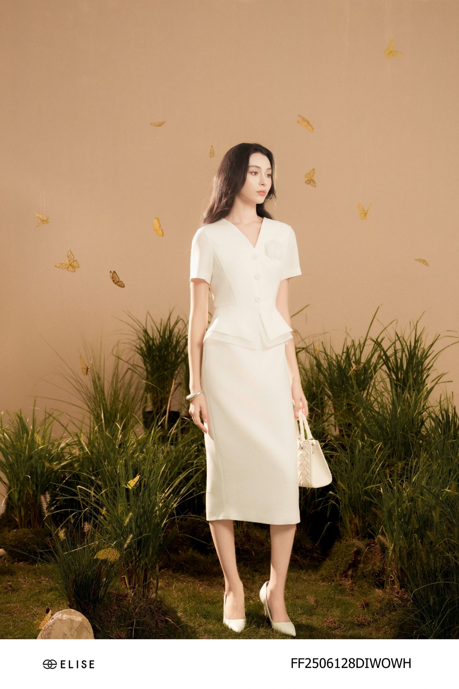 ĐẦM TENDY TRẮNG VÂN NGANG PEPLUM