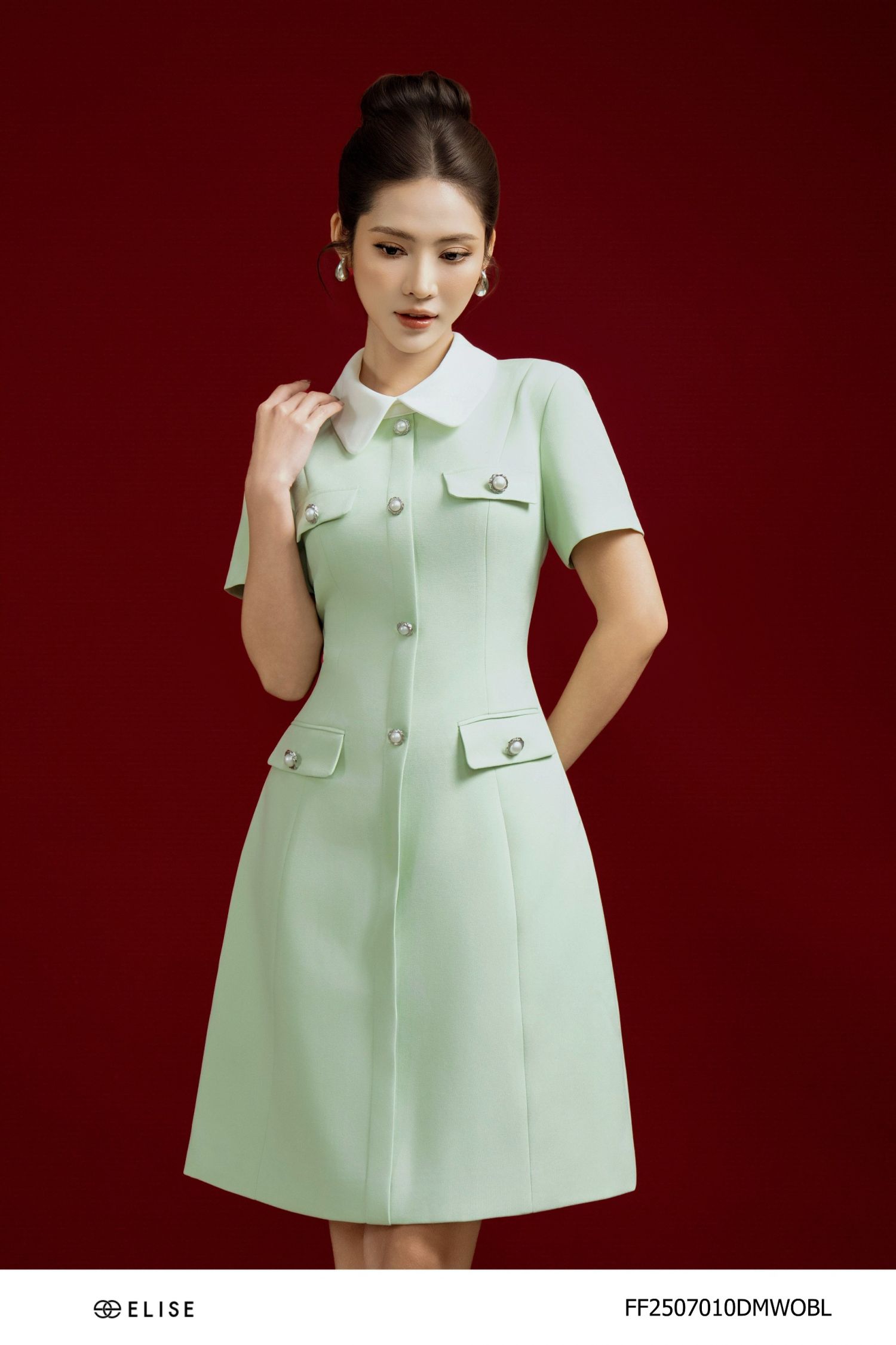 ĐẦM TUYTSY XANH PHỐI CỔ TRẮNG