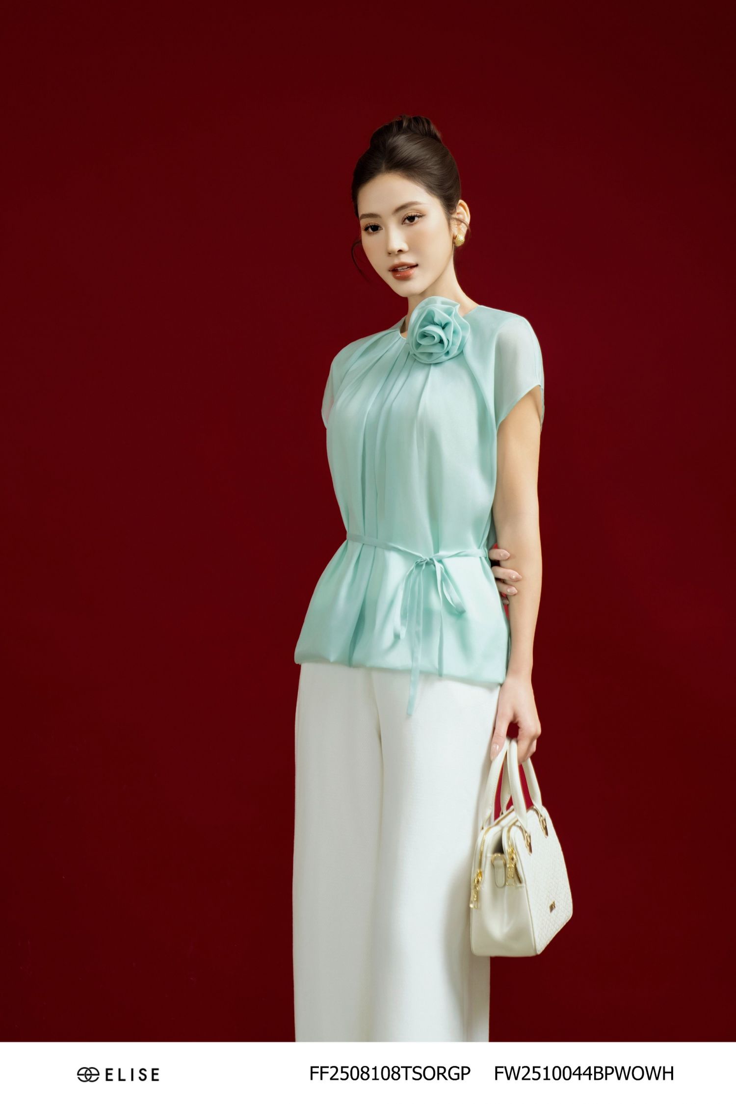 ÁO TƠ XẾP LY XANH BẠC HÀ CỐM CỔ BUỘC DÂY HOA CÀI