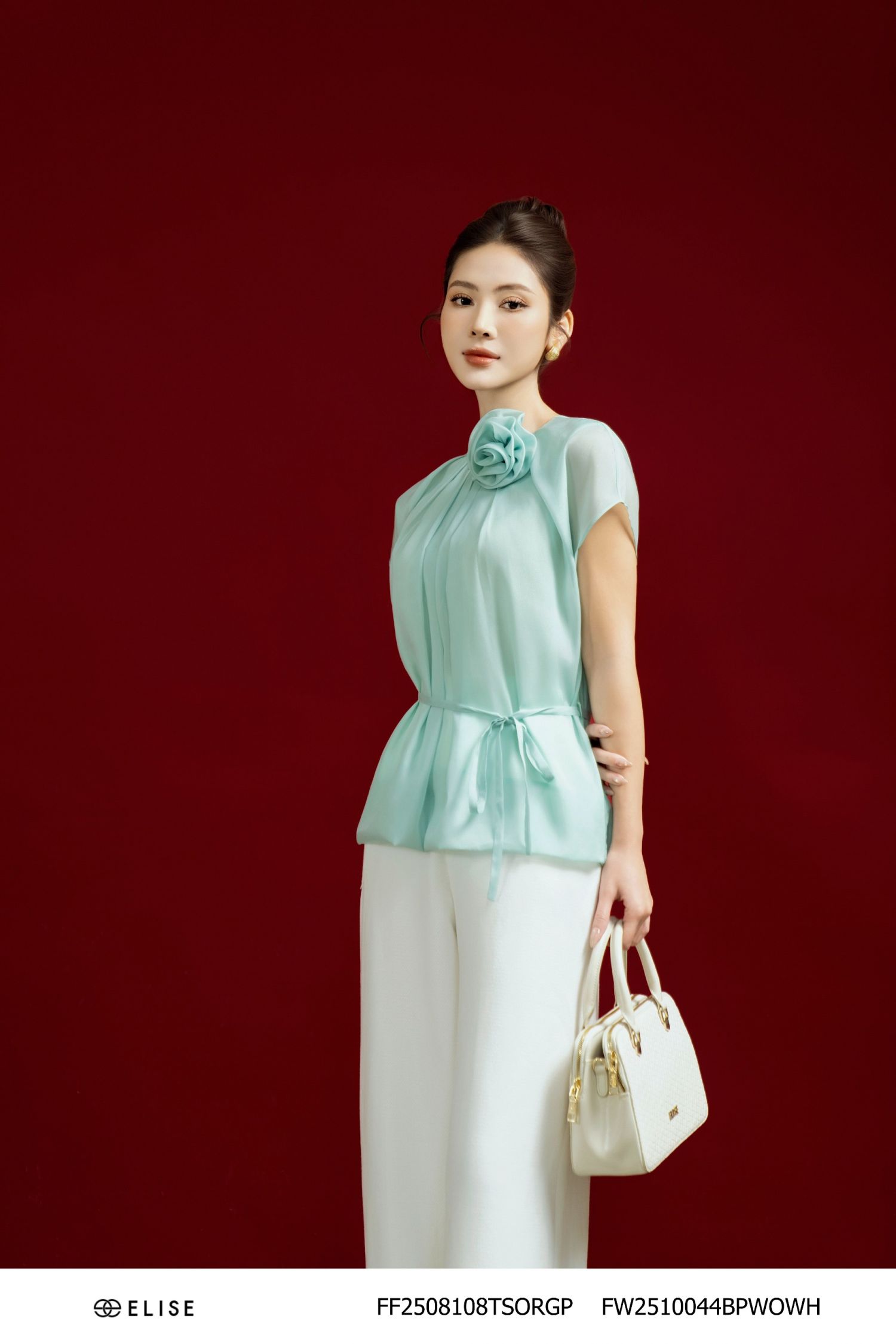 ÁO TƠ XẾP LY XANH BẠC HÀ CỐM CỔ BUỘC DÂY HOA CÀI