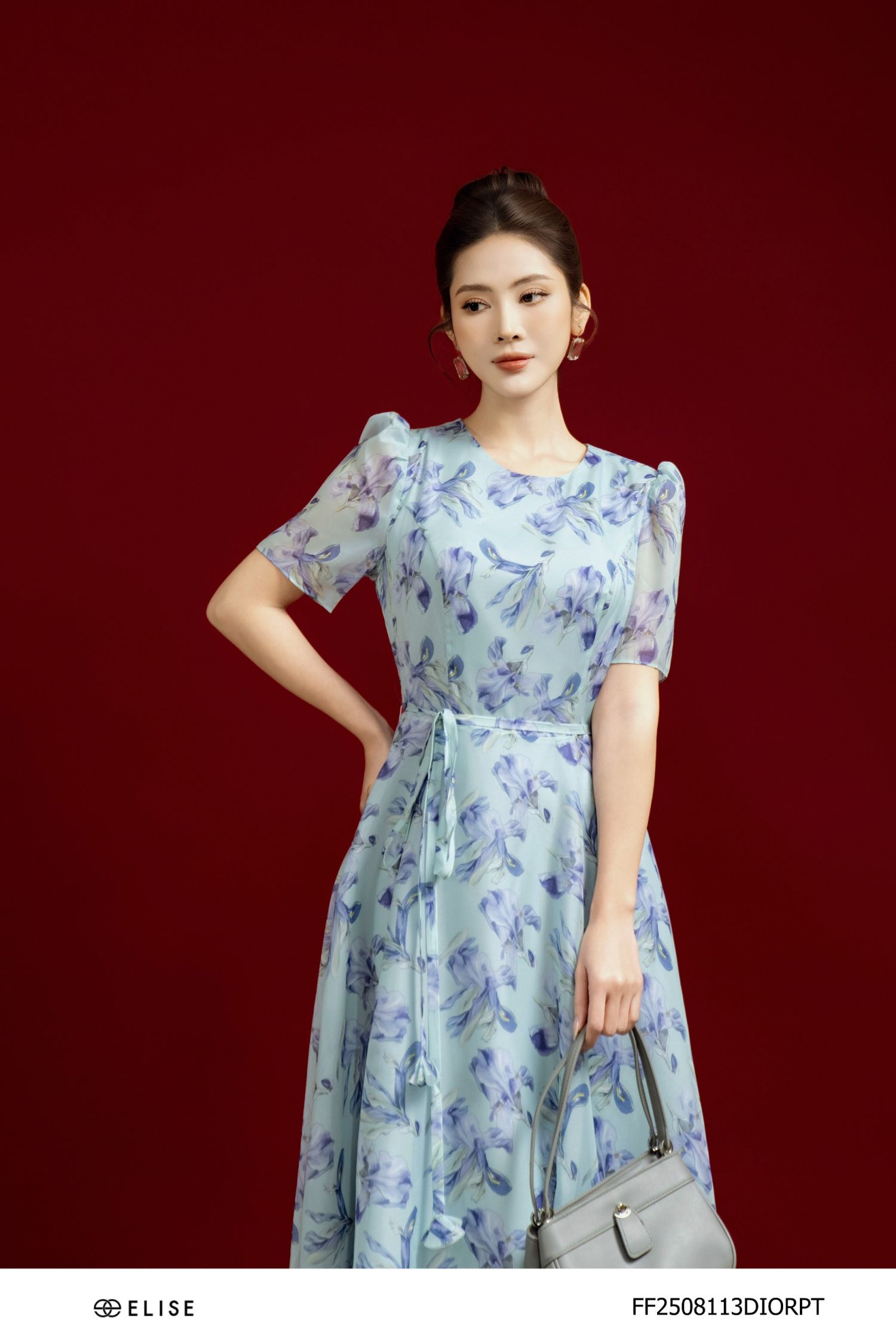 ĐẦM TƠ XANH HOA TÍM BUỘC DÂY HOA EO