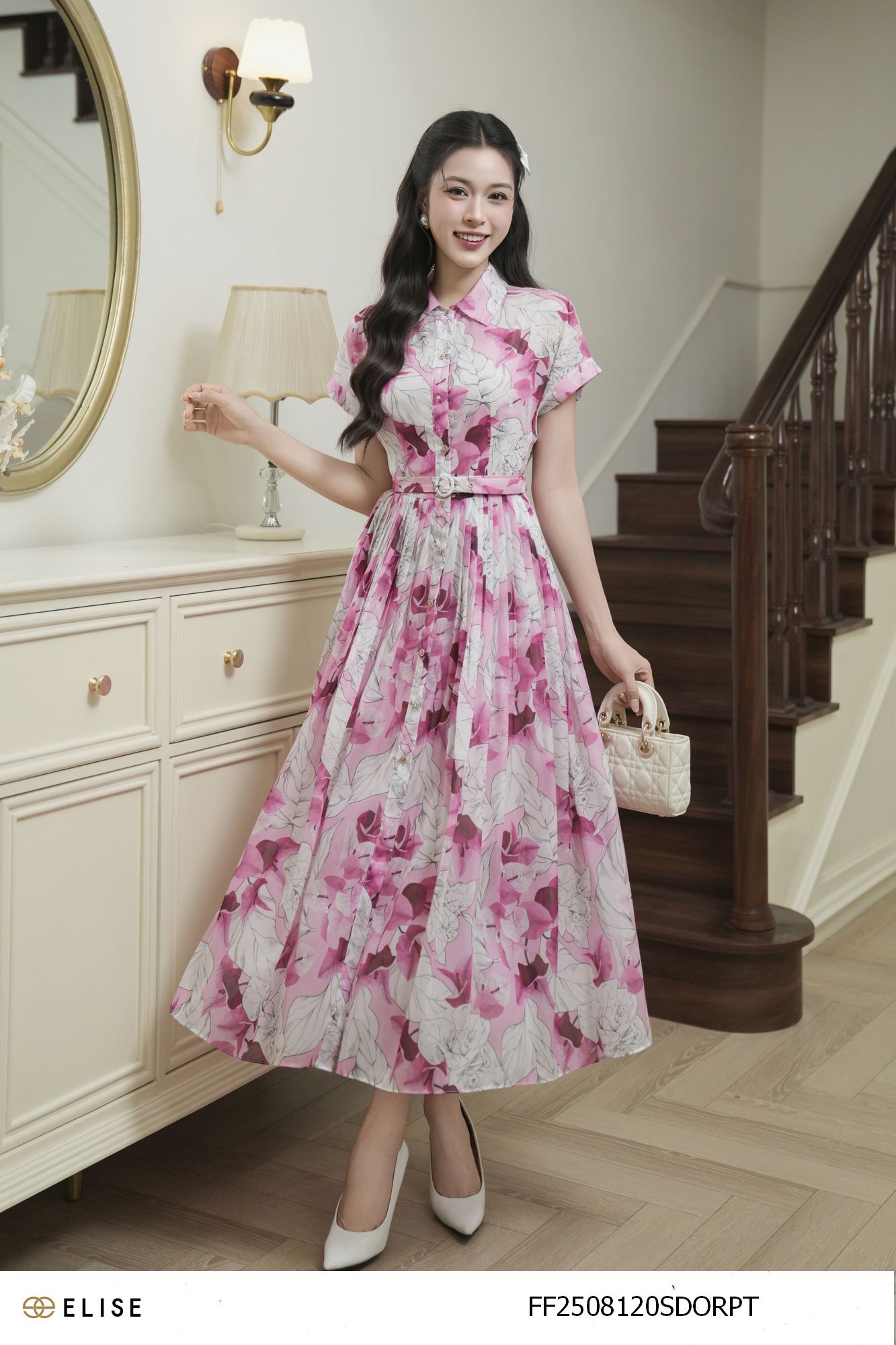 SET ĐẦM TƠ HỒNG HT HOA ĐAI EO