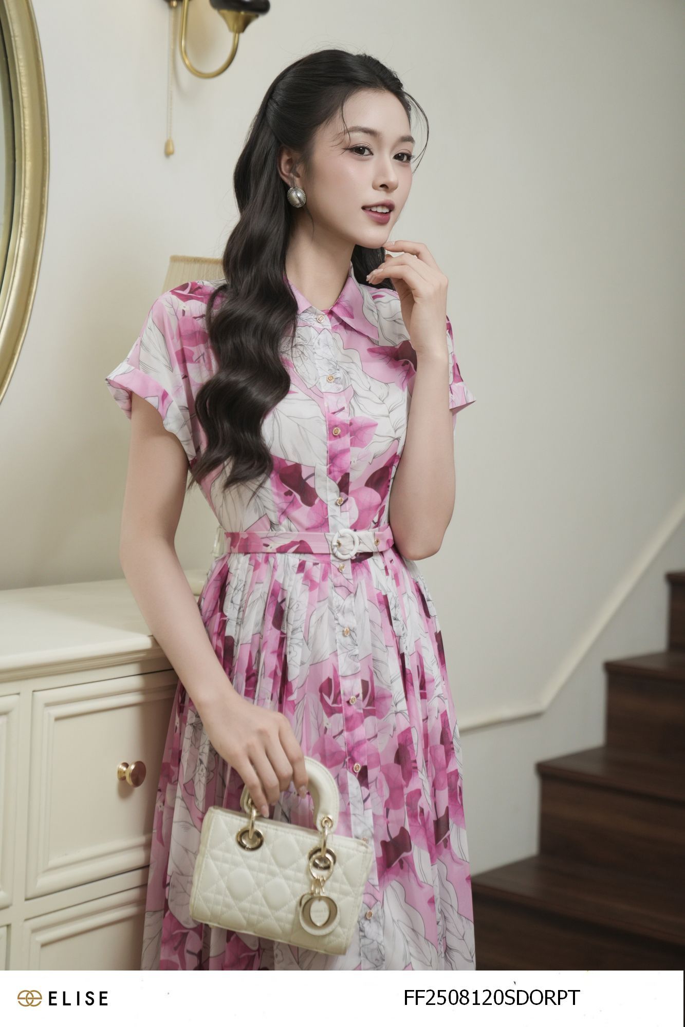 SET ĐẦM TƠ HỒNG HT HOA ĐAI EO