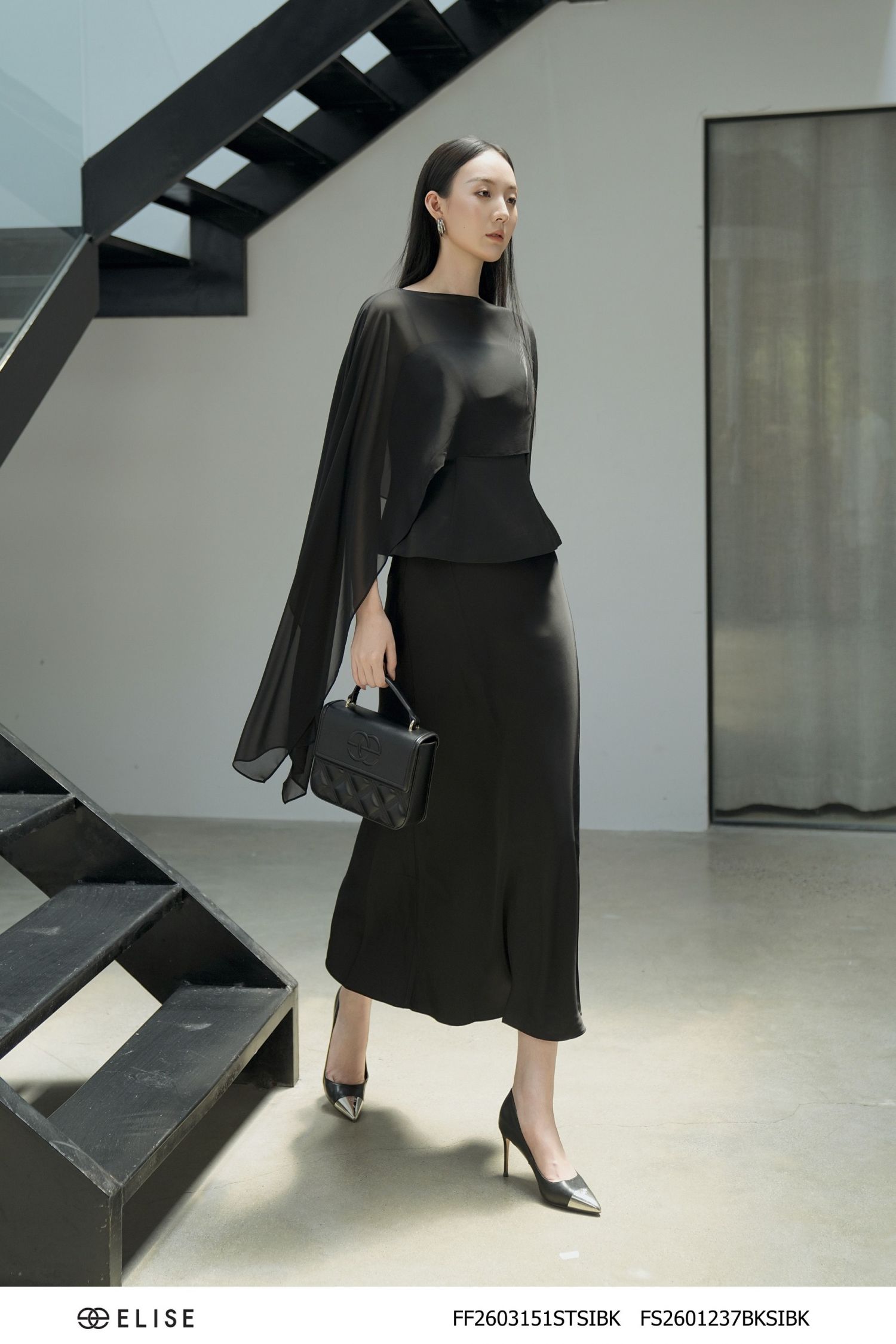 SÉT ÁO LỤA SATIN ĐEN CHOÀNG CHIFFON