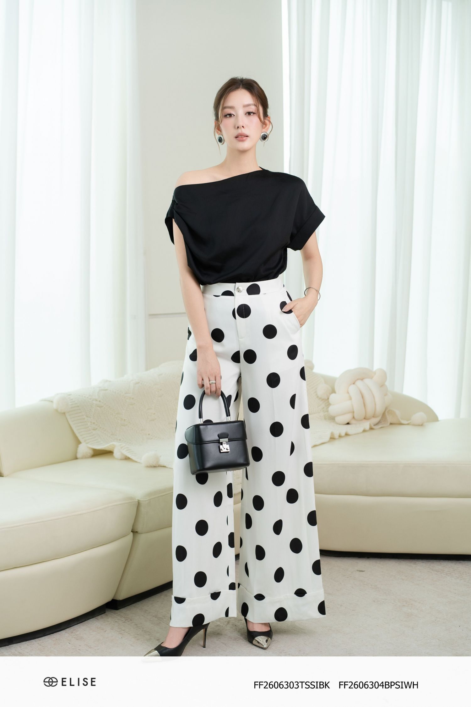 QUẦN LỤA SATIN TRẮNG CHẤM BI
