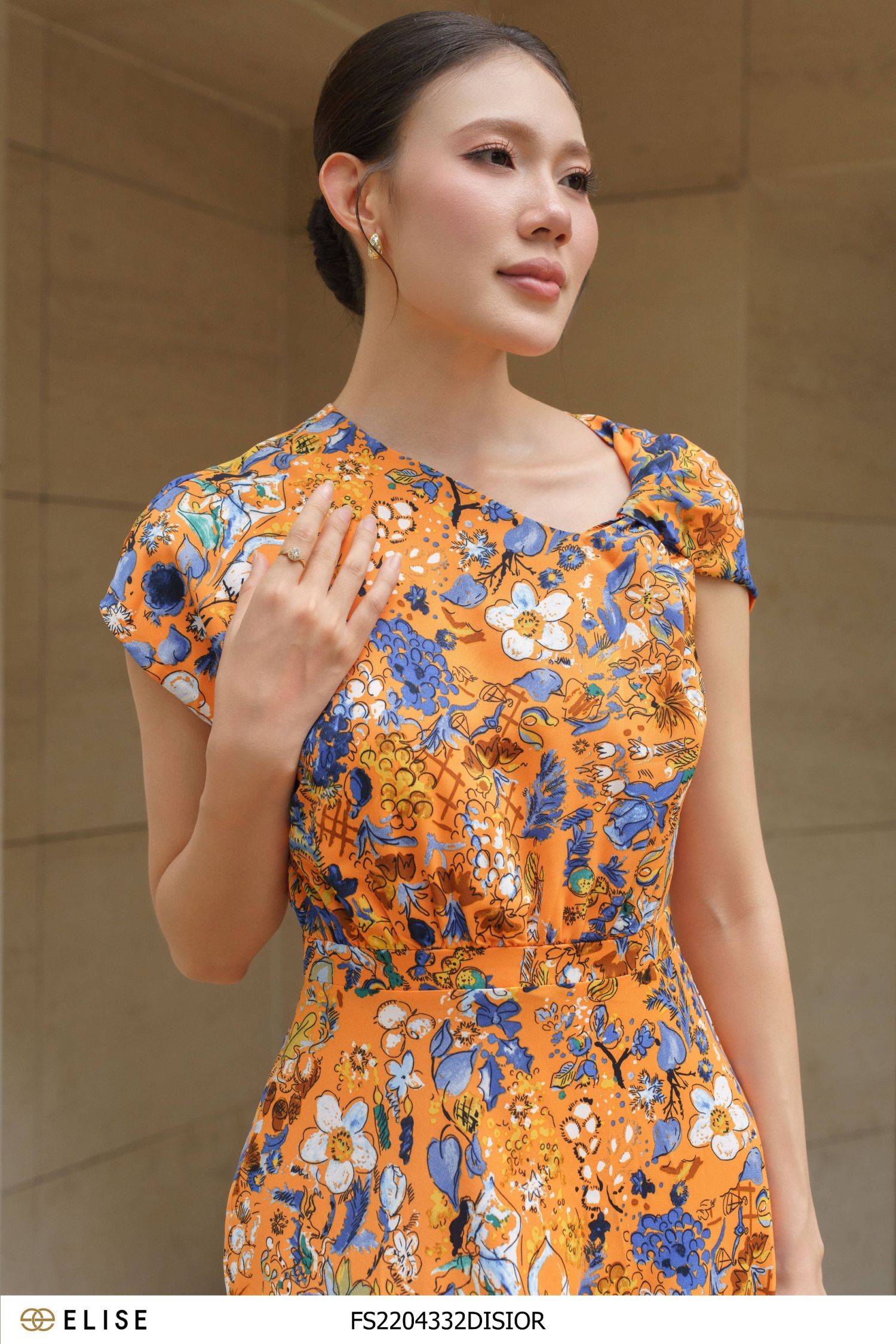 ĐẦM LỤA HOA CAM XOẮN CỔ