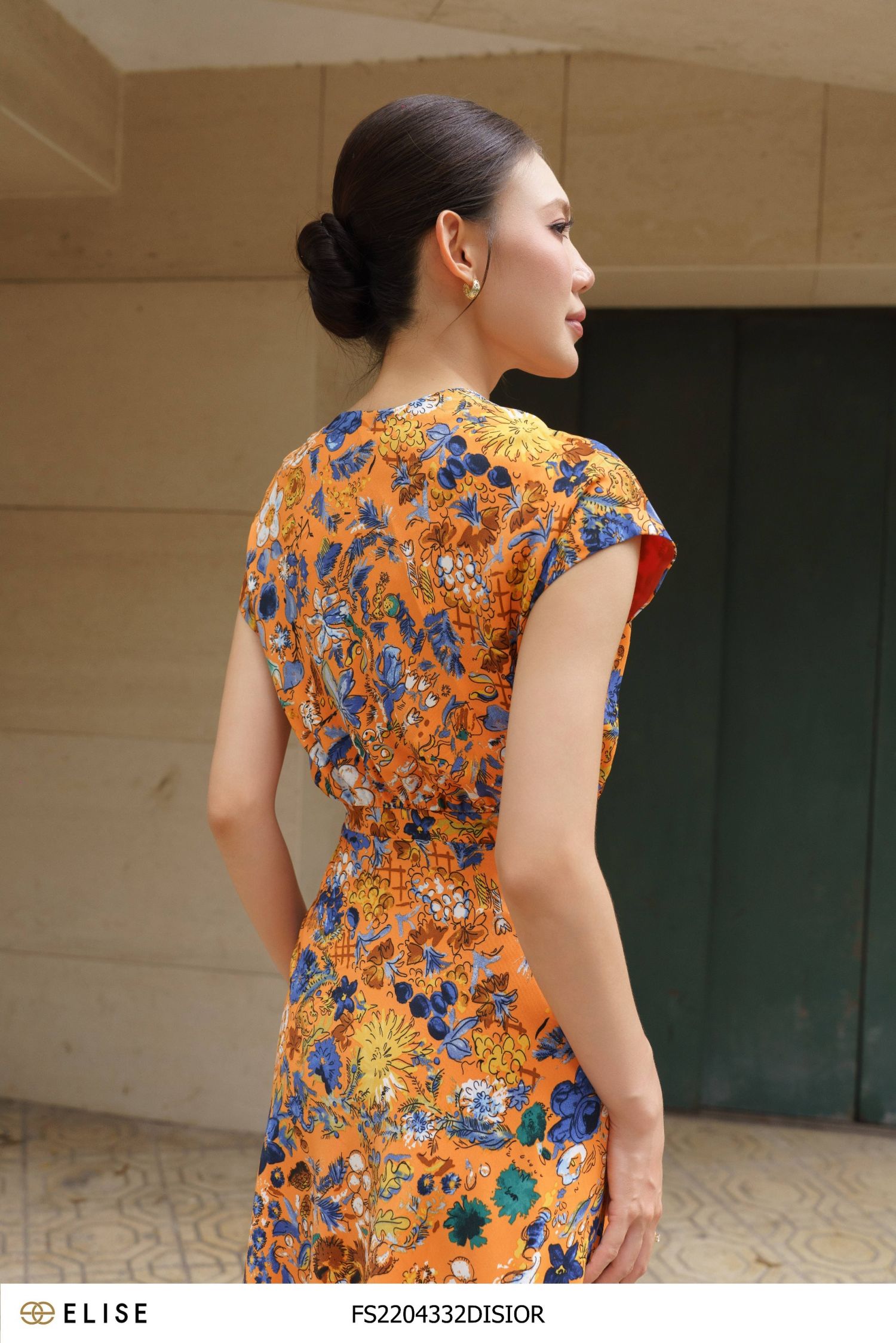 ĐẦM LỤA HOA CAM XOẮN CỔ