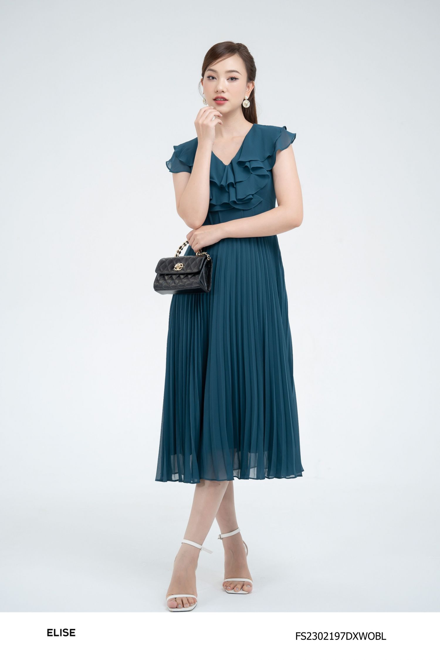 ĐẦM CHIFFON XANH ĐẬM BÈO CỔ