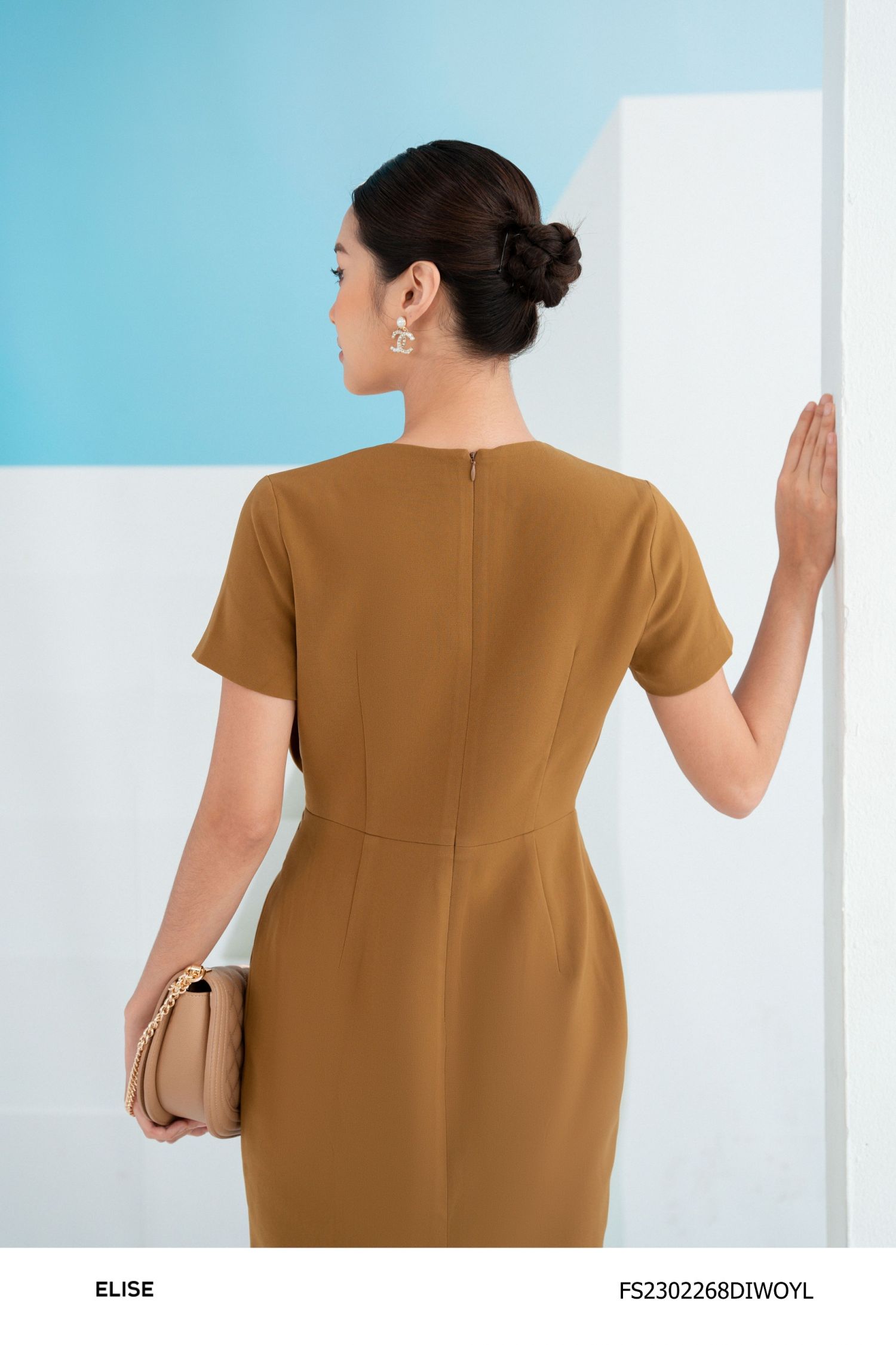 ĐẦM VÀNG NÂU XẾP NƠ EO