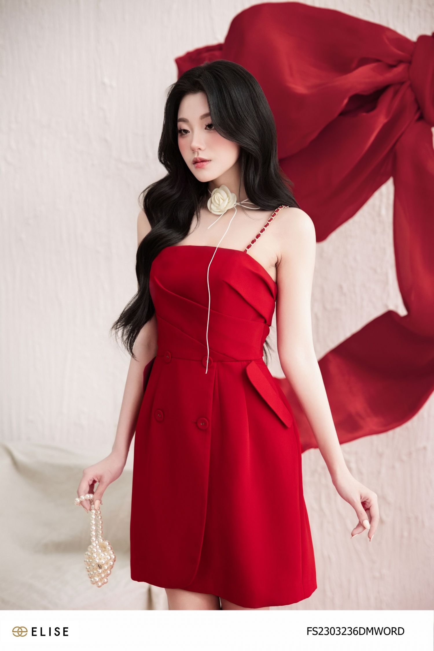 ĐẦM QUÂY CÚP NGỰC ĐỎ XẾP LY CHÉO