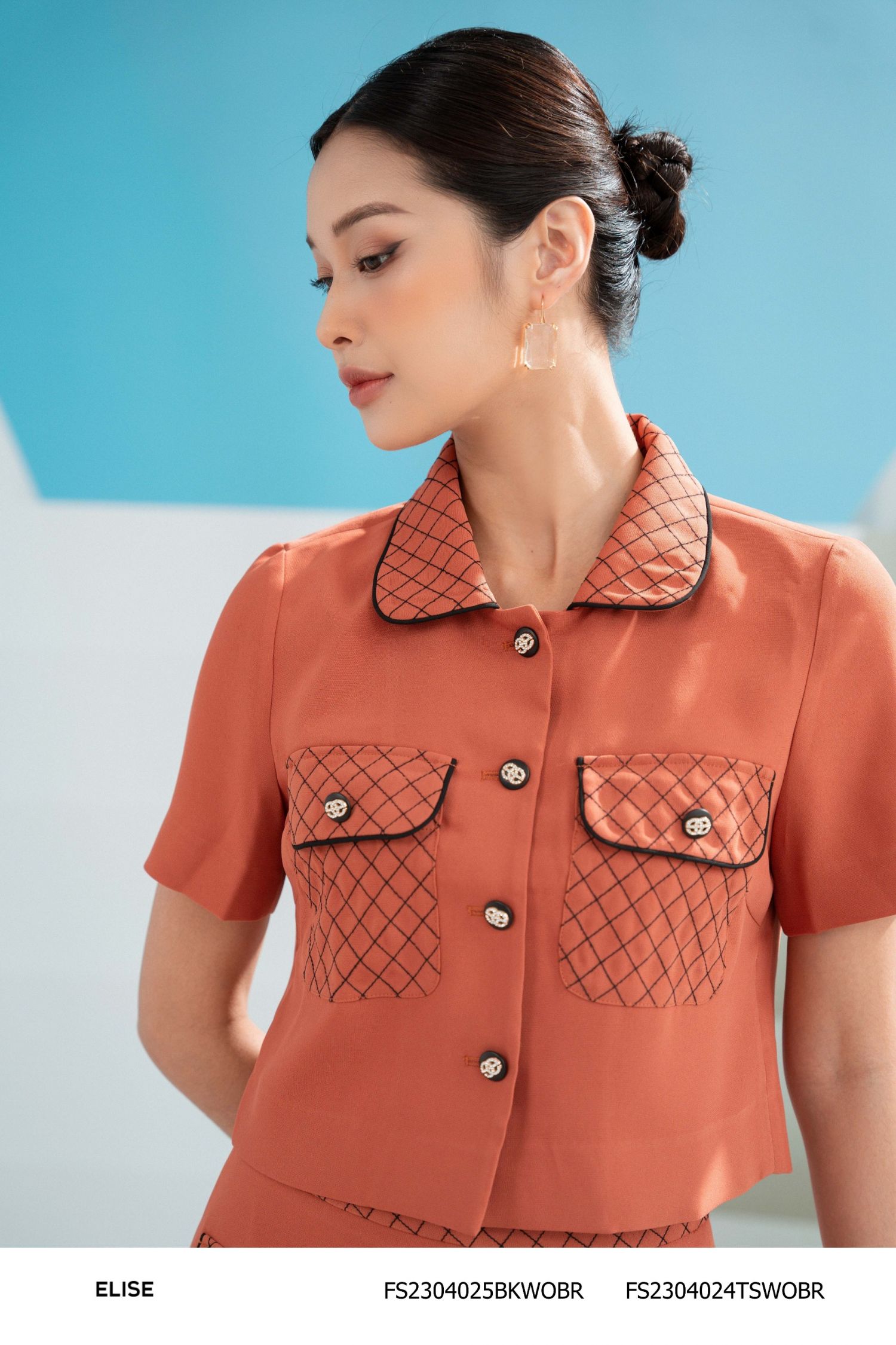 JUPE NÂU GẠCH TRẦN CHỈ QUẢ TRÁM