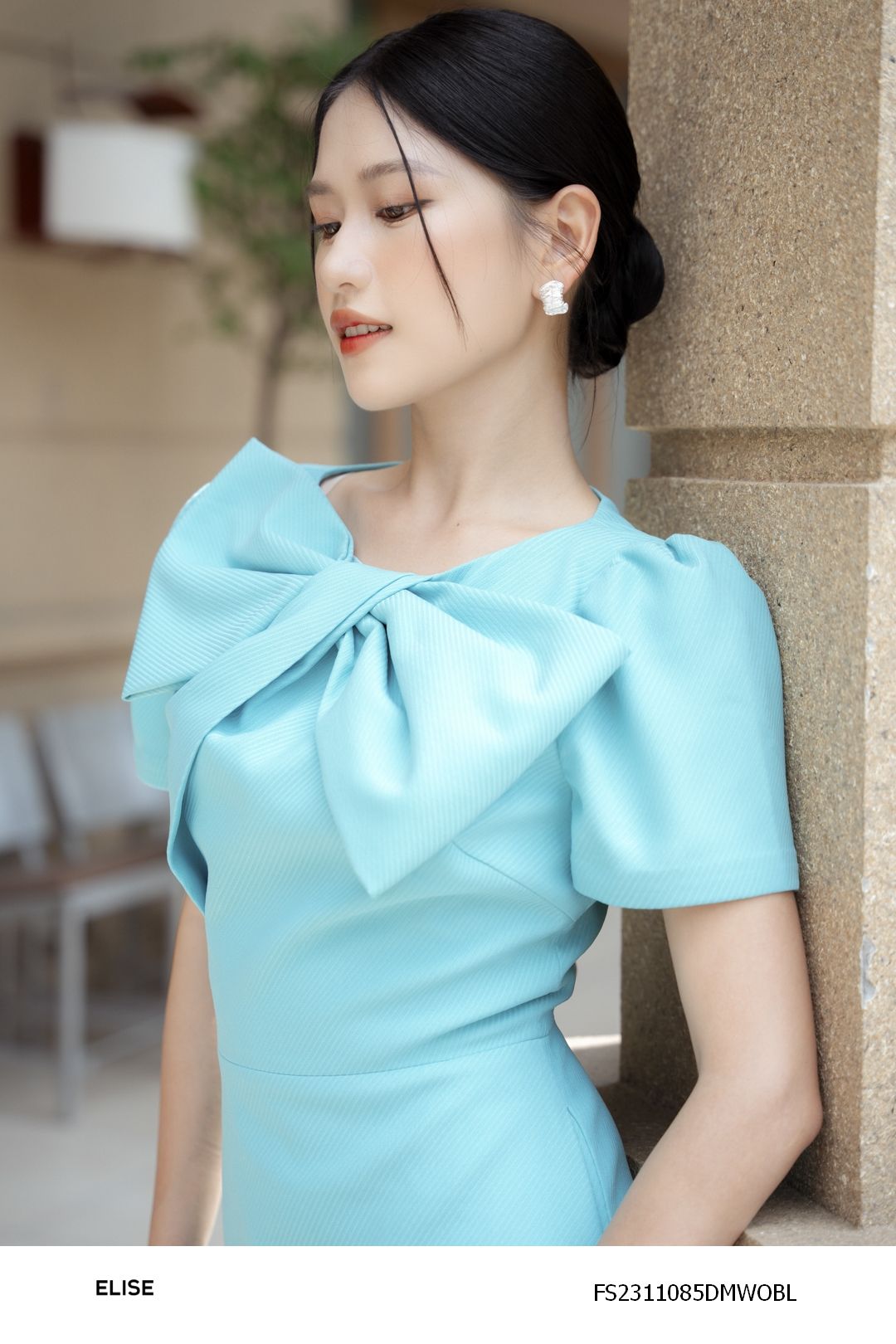 ĐẦM XANH VÂN CHÉO XOẮN NƠ CỔ