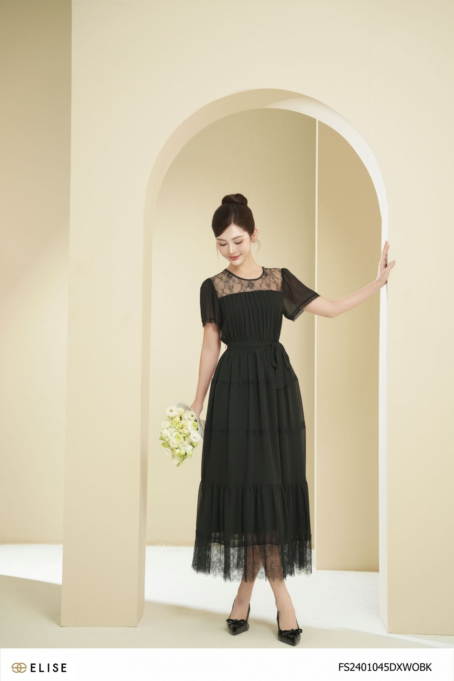 ĐẦM CHIFFON ĐEN BẤU LY PHỐI REN