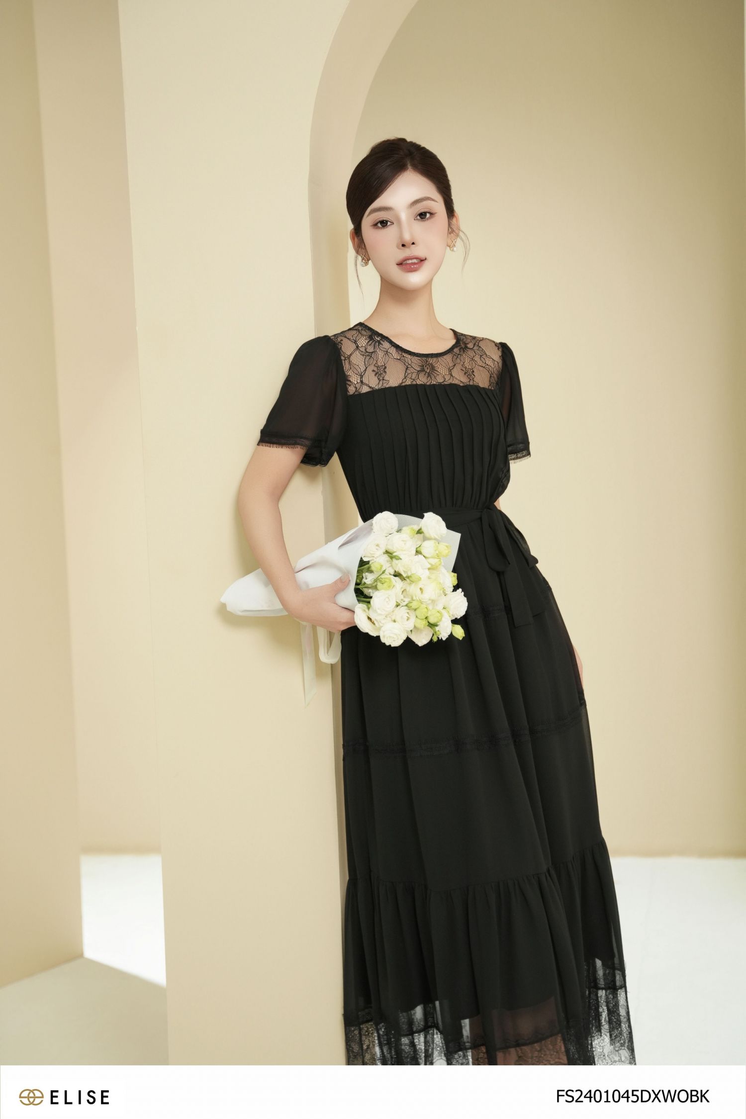 ĐẦM CHIFFON ĐEN BẤU LY PHỐI REN