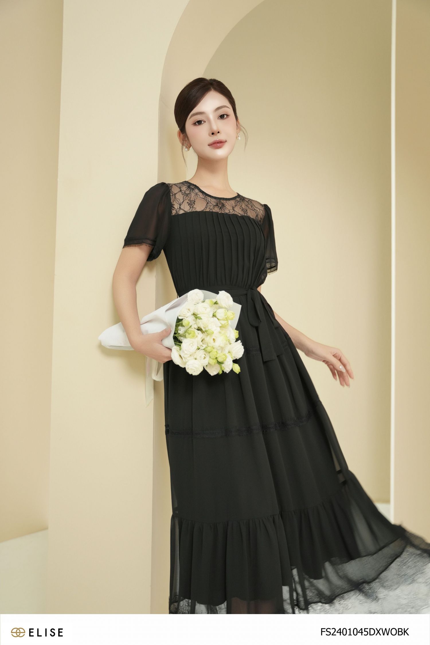 ĐẦM CHIFFON ĐEN BẤU LY PHỐI REN