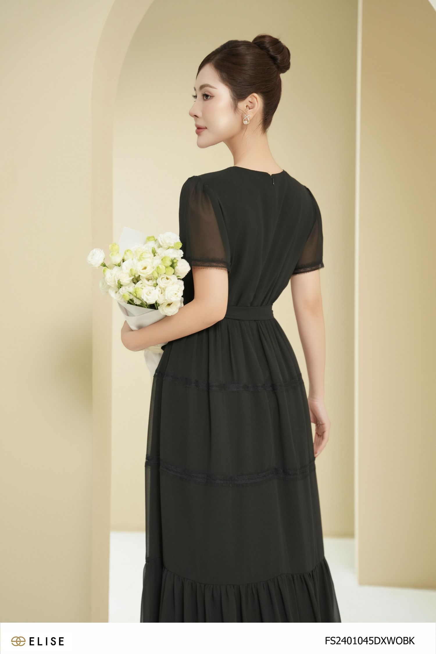 ĐẦM CHIFFON ĐEN BẤU LY PHỐI REN