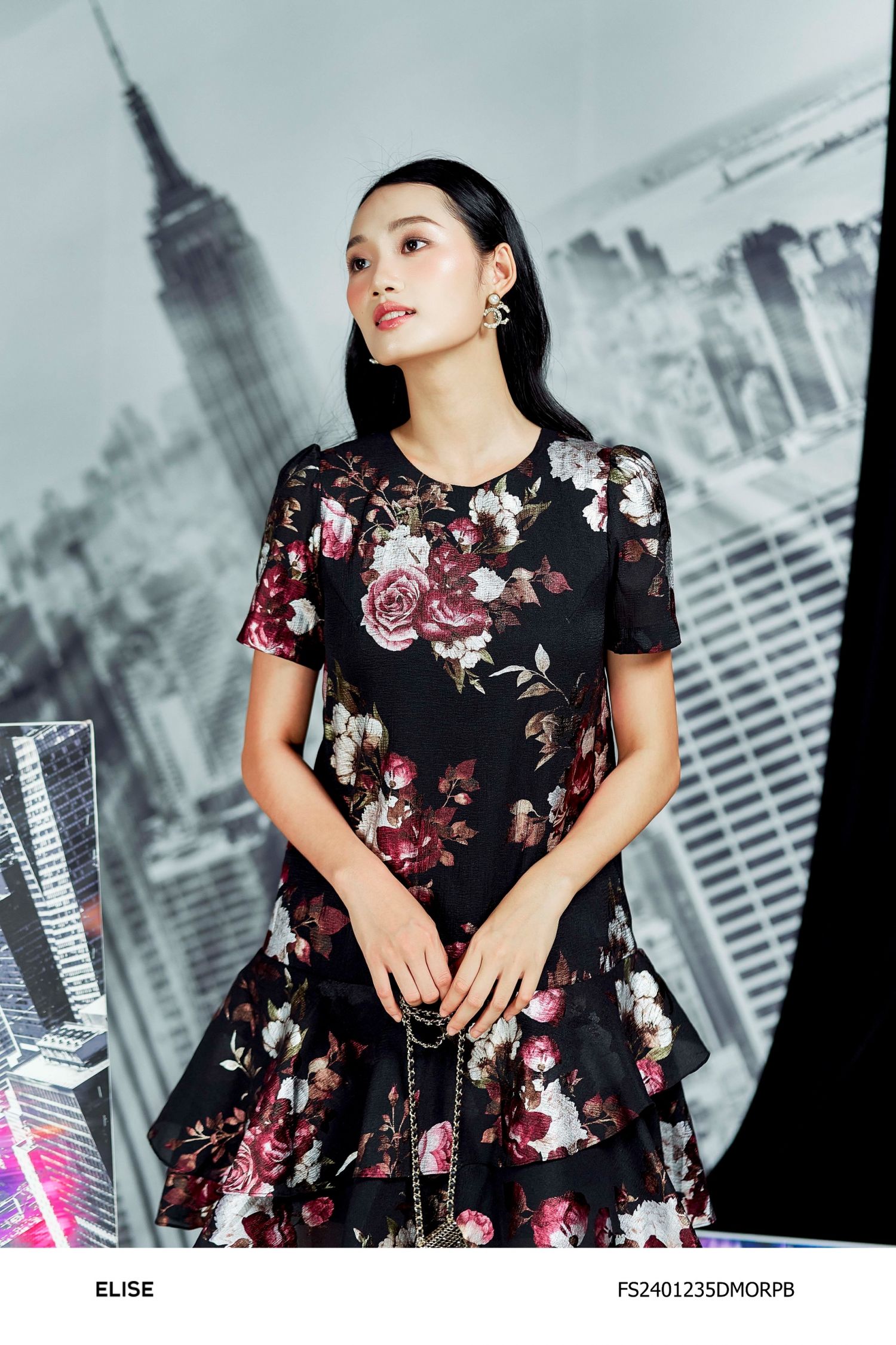 ĐẦM TƠ XỐP ĐEN HOA ĐỎ BÈO TẦNG GẤU
