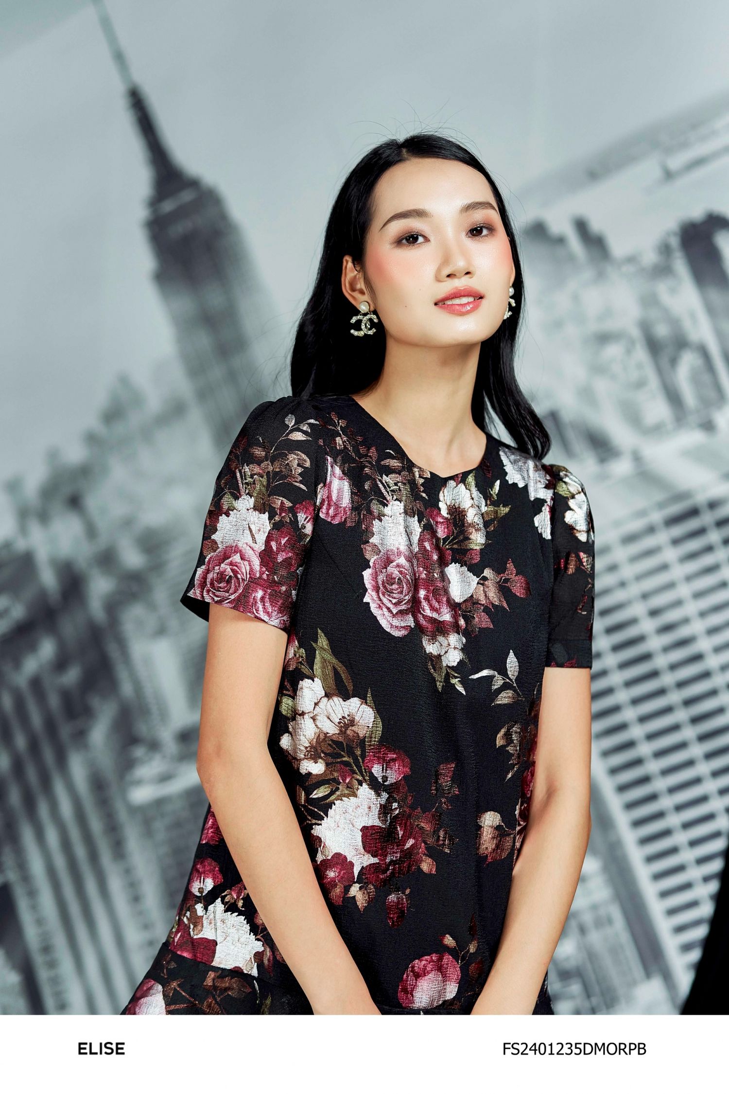 ĐẦM TƠ XỐP ĐEN HOA ĐỎ BÈO TẦNG GẤU