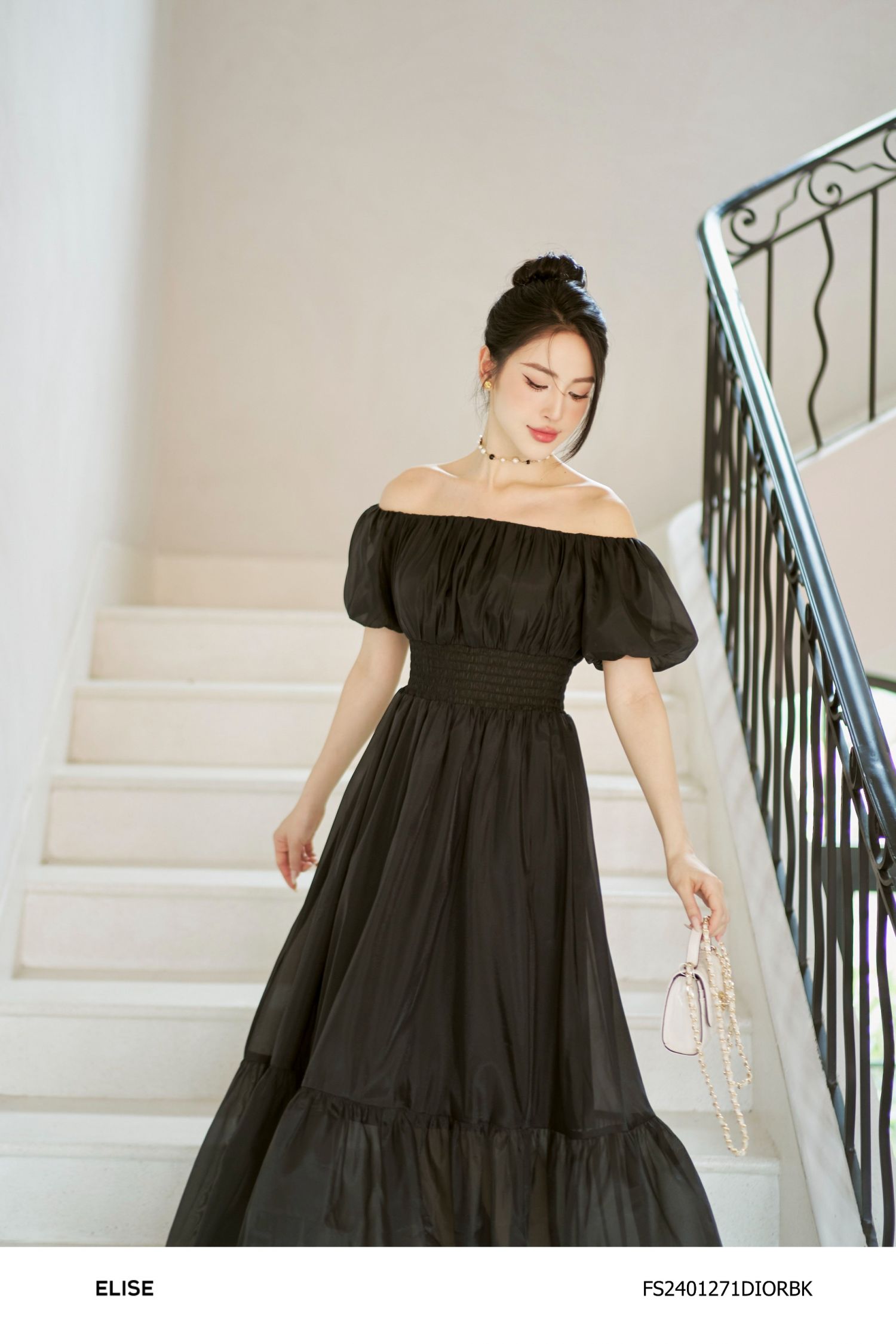 ĐẦM TƠ ĐEN TRỄ VAI CHUN EO