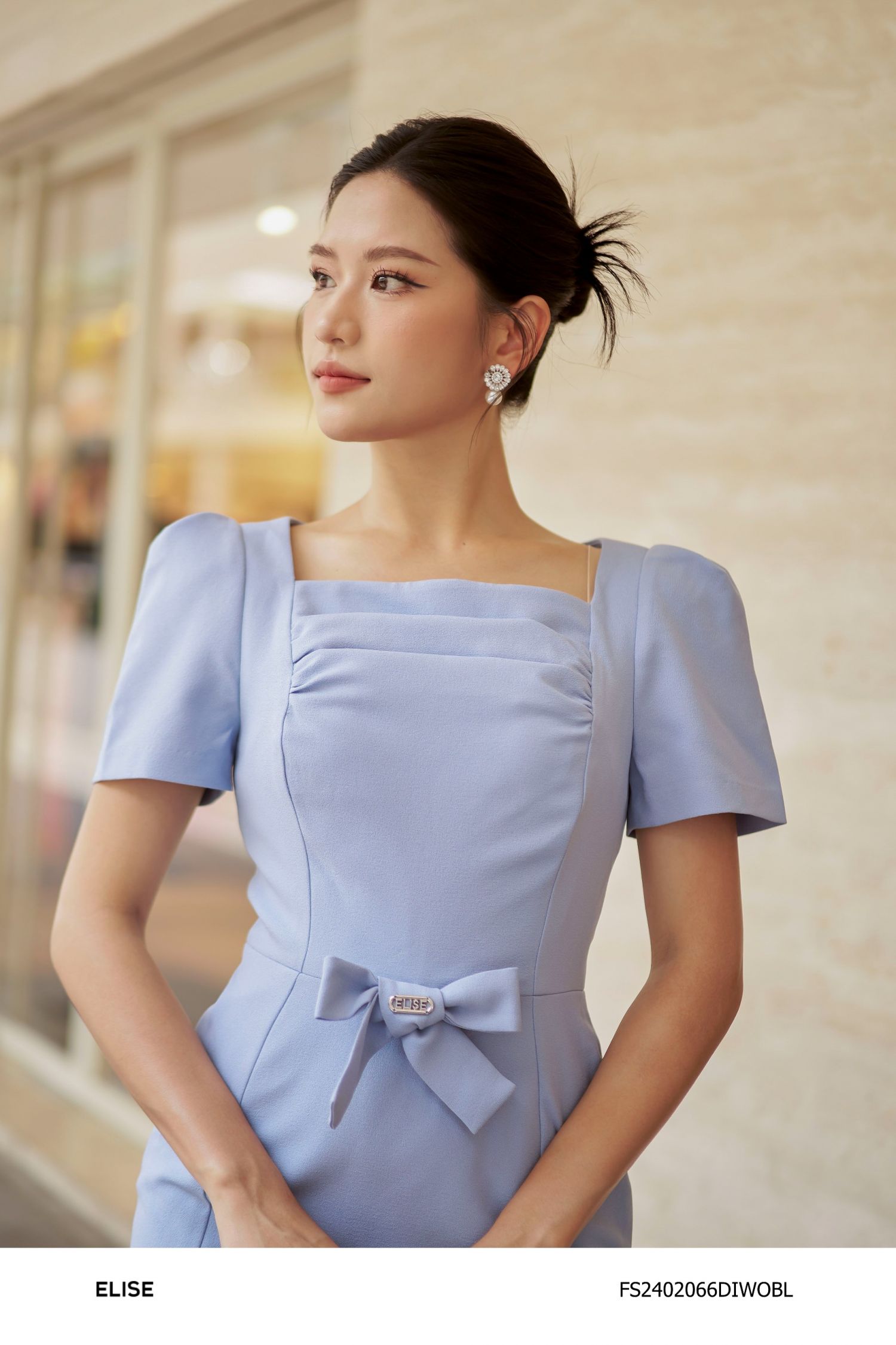 ĐẦM XANH DA TRỜI CỔ VUÔNG NƠ EO