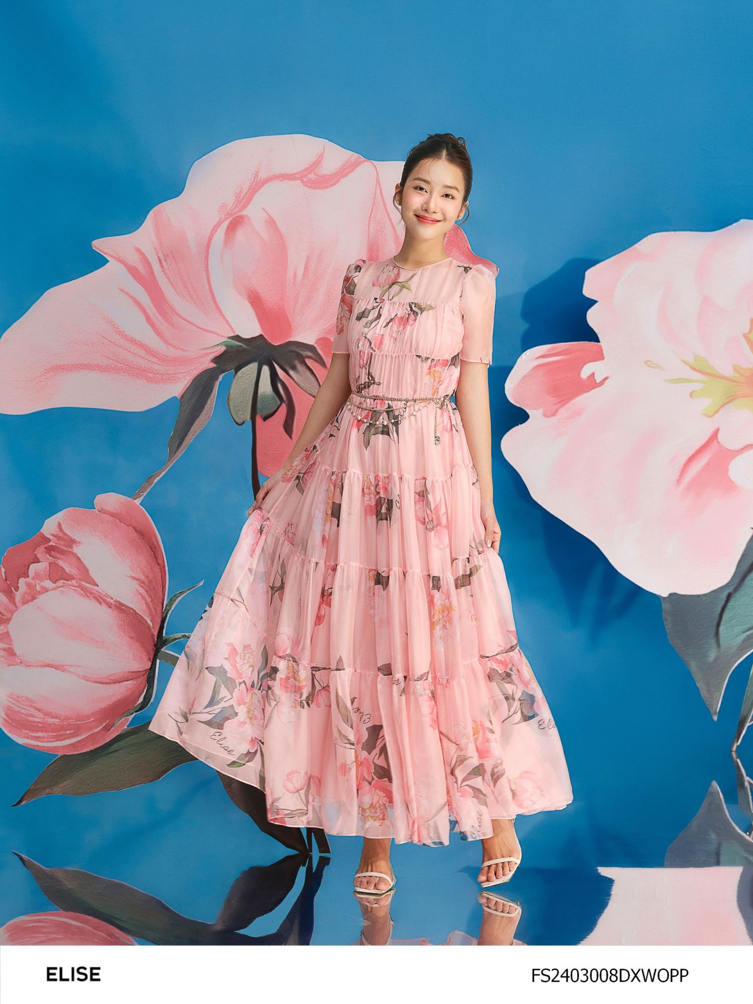 ĐẦM CHIFFON HOA HỒNG CAM XẾP NHÚN TẦNG