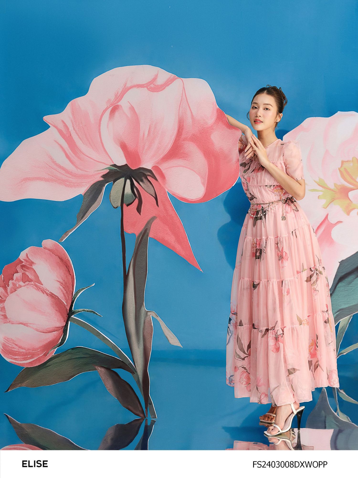 ĐẦM CHIFFON HOA HỒNG CAM XẾP NHÚN TẦNG