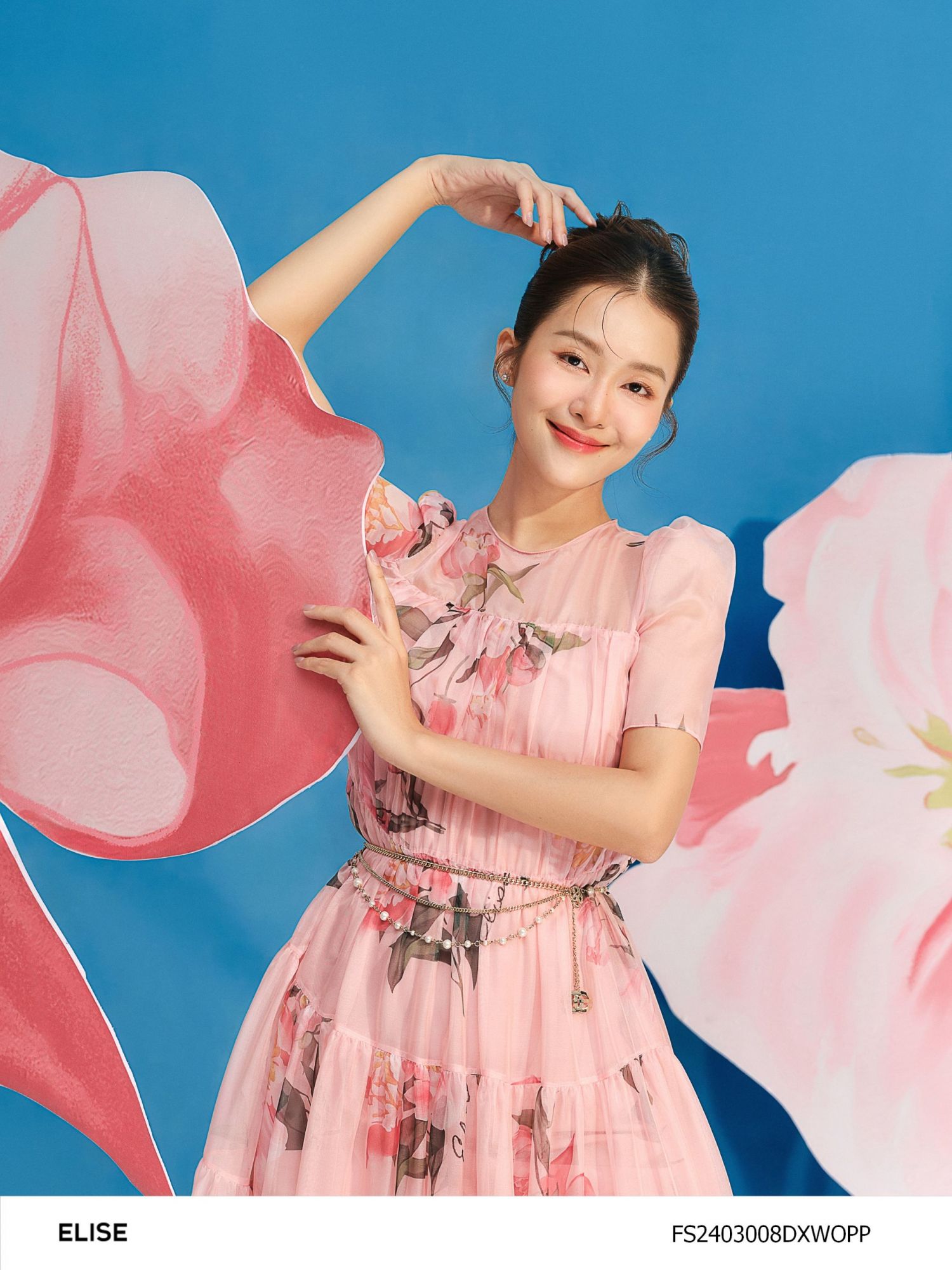 ĐẦM CHIFFON HOA HỒNG CAM XẾP NHÚN TẦNG