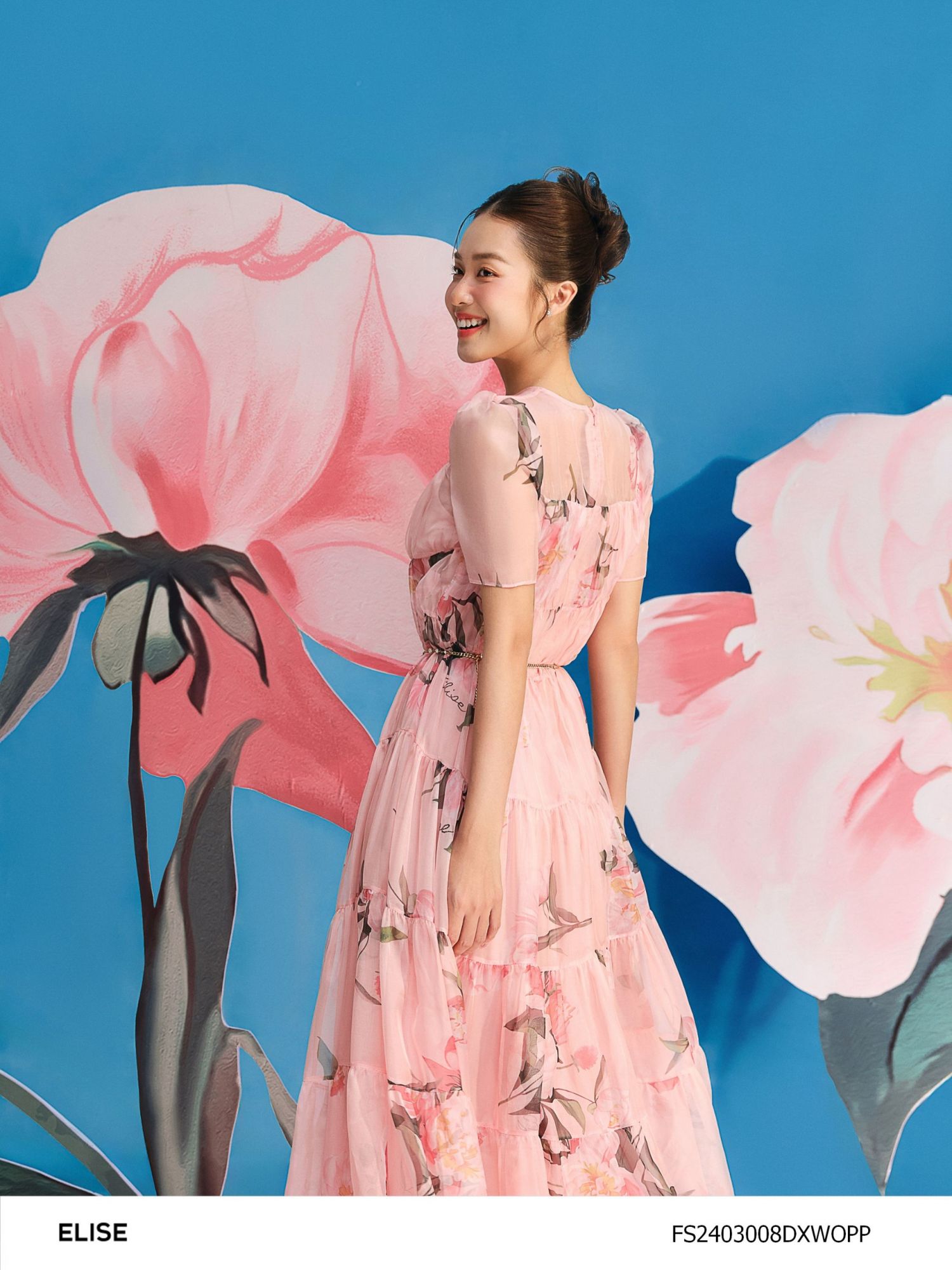 ĐẦM CHIFFON HOA HỒNG CAM XẾP NHÚN TẦNG