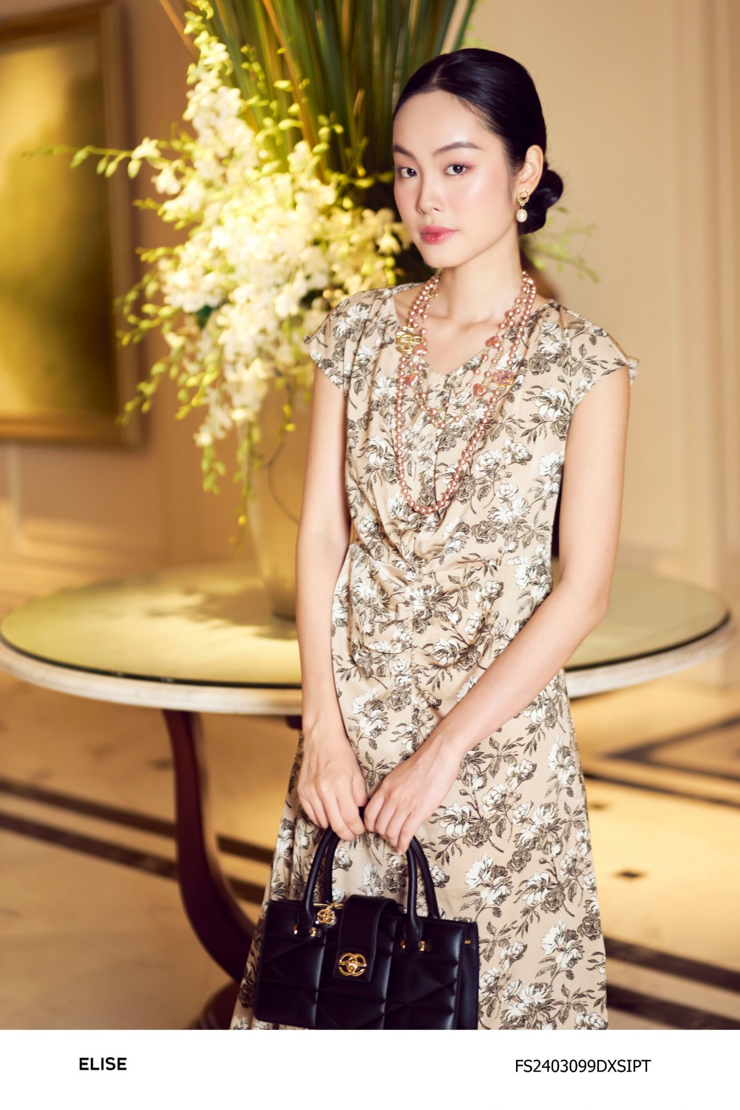ĐẦM LỤA HOA BE NÂU RÚT DÂY NGỰC