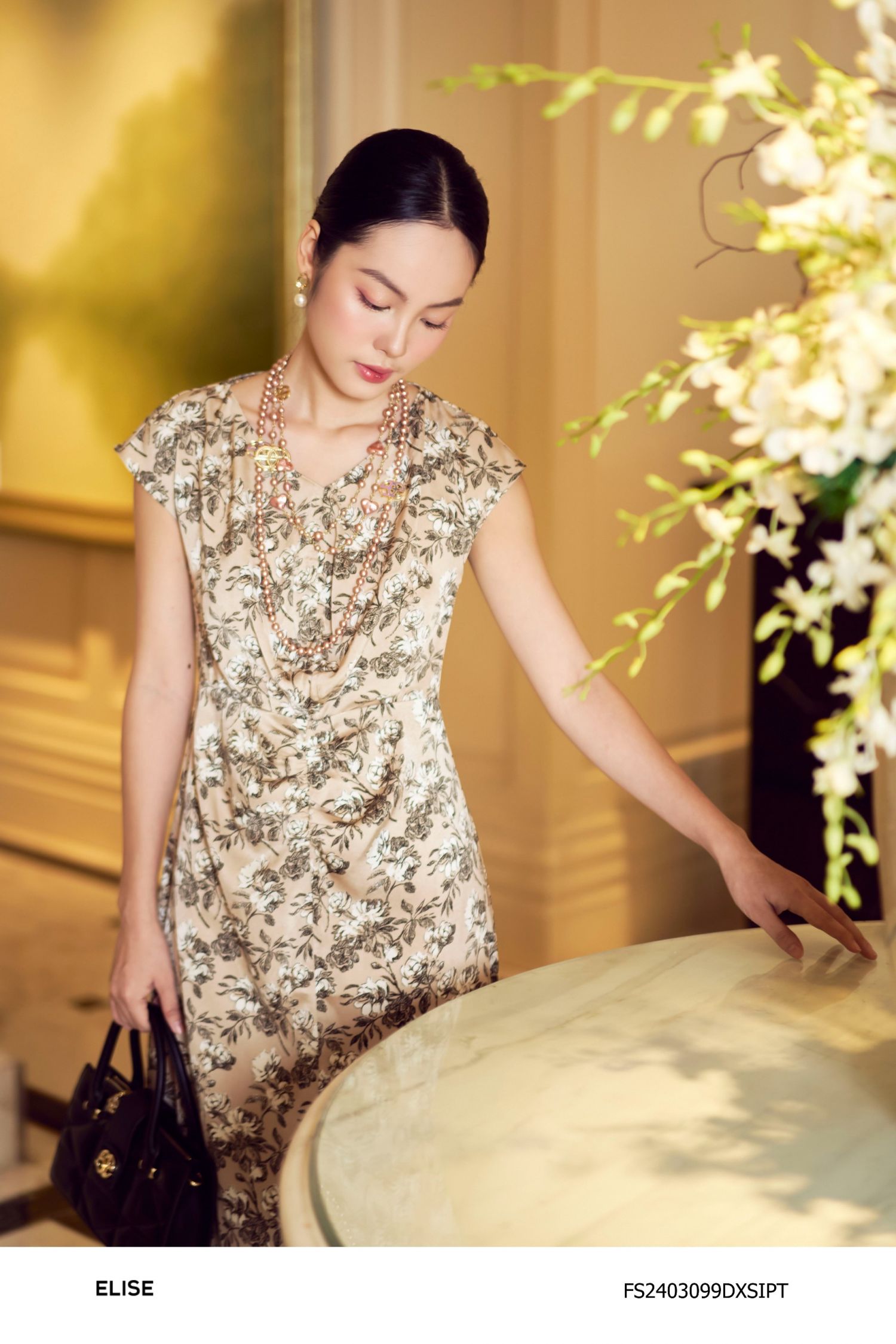 ĐẦM LỤA HOA BE NÂU RÚT DÂY NGỰC