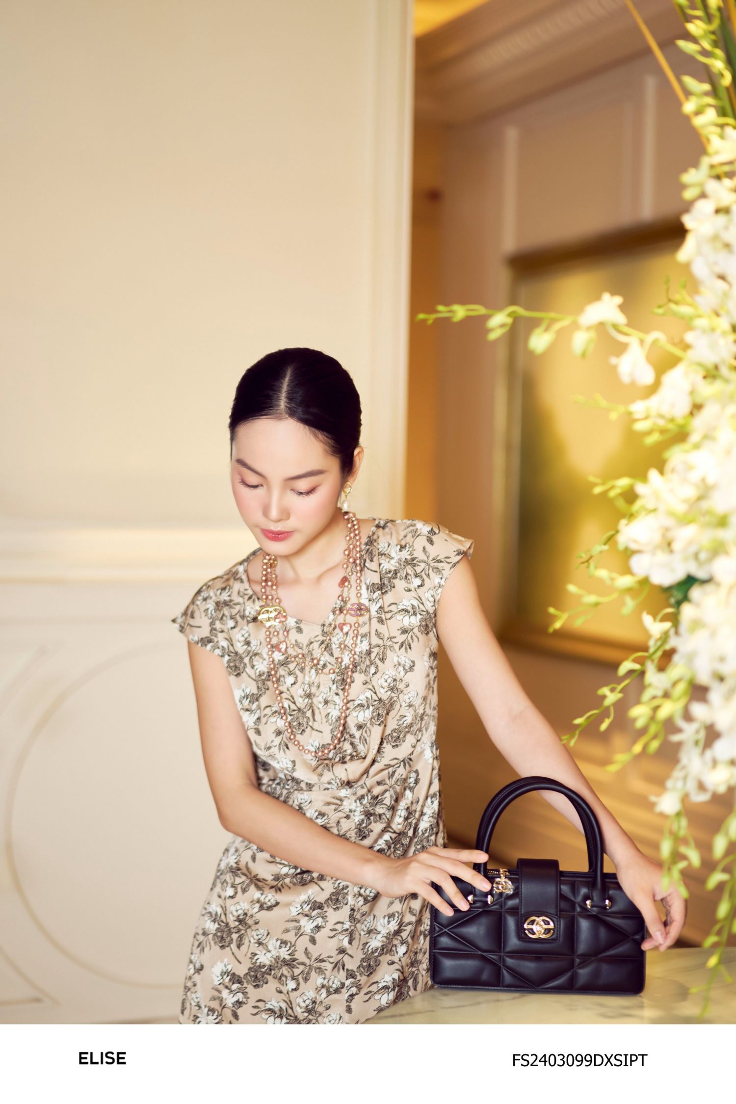 ĐẦM LỤA HOA BE NÂU RÚT DÂY NGỰC